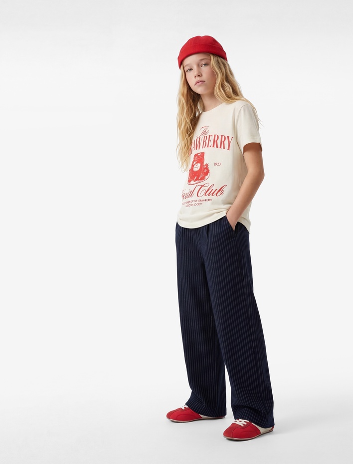 Kız Çocuk Baskılı Kısa Kollu Bisiklet Yaka Pamuklu Çilek Baskılı Tişört