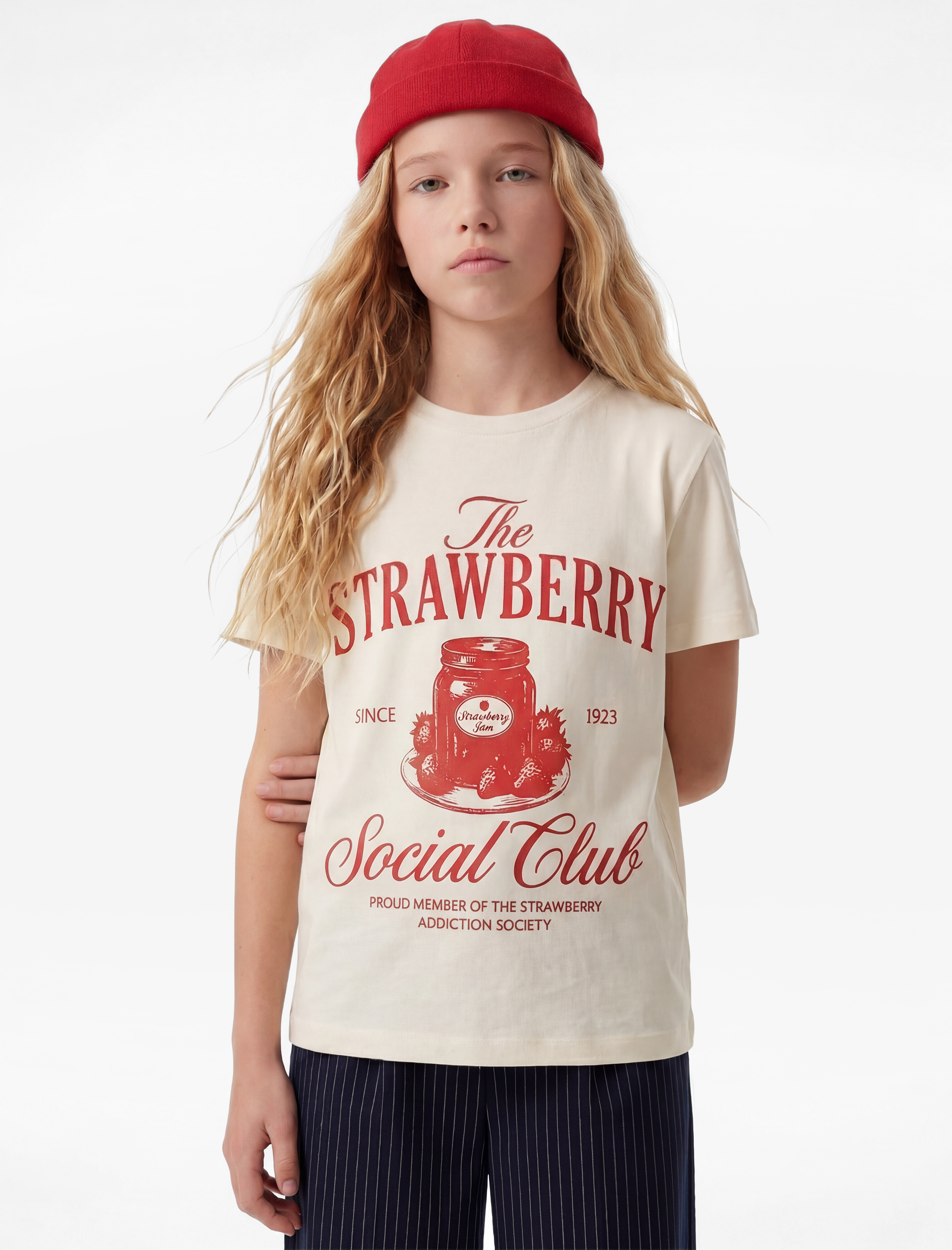  Kız Çocuk Baskılı Kısa Kollu Bisiklet Yaka Pamuklu Çilek Baskılı Tişört