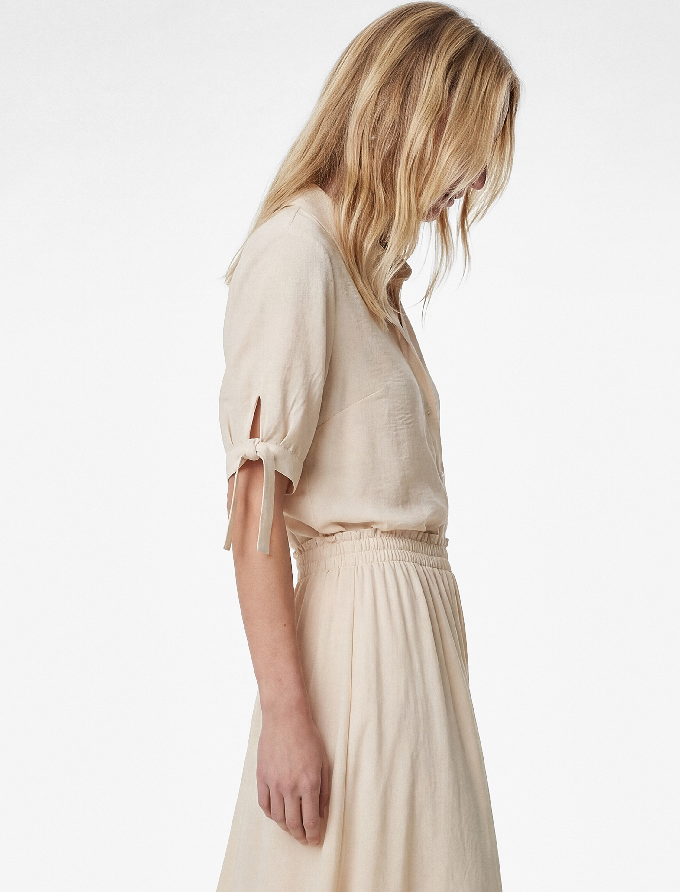 Aerobin Kumaş Bağlama Detaylı Kısa Balon Kollu Saten Gömlek - Görsel 2