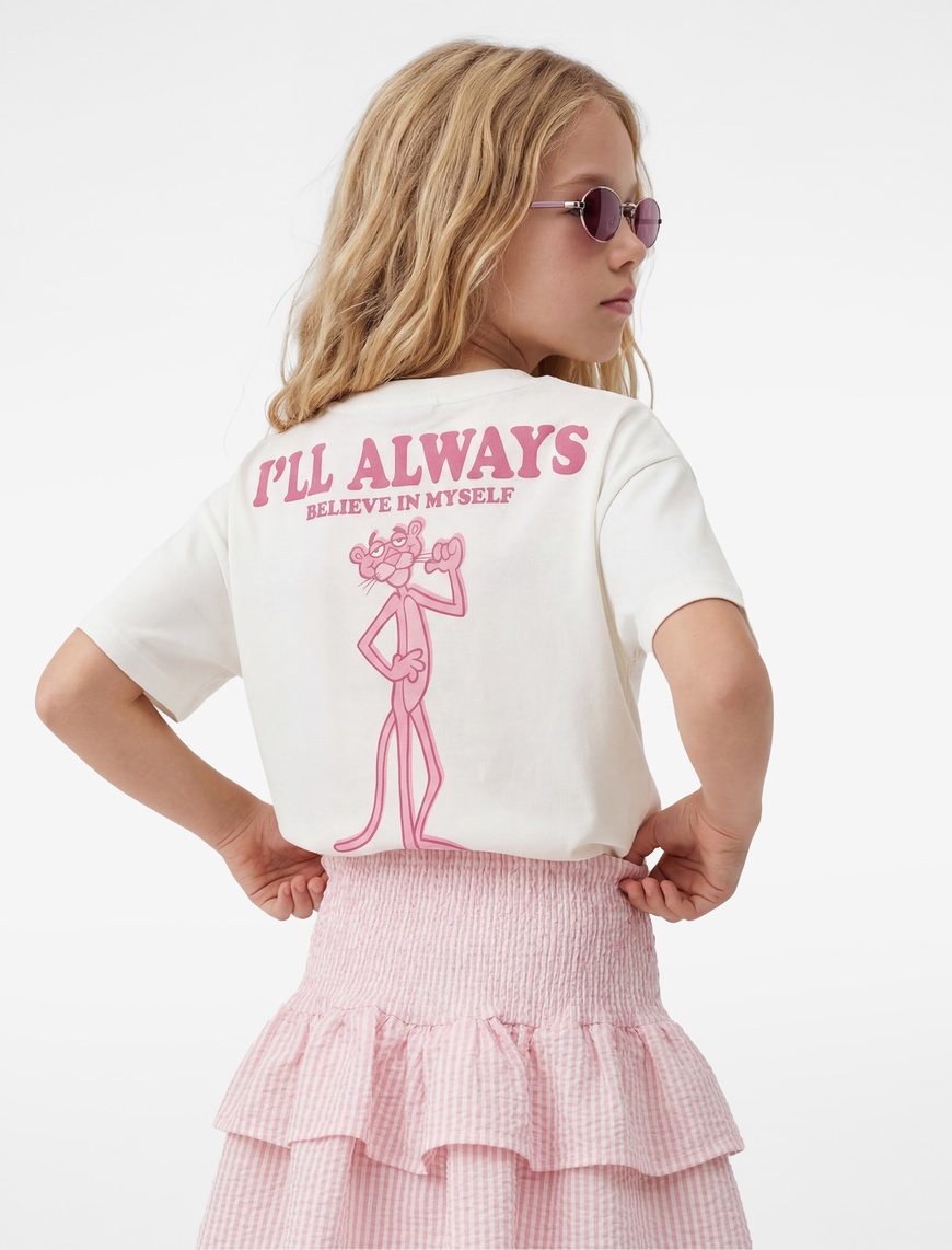 Koton Kısa Kollu Bisiklet Yaka Pamuklu Lisanslı Arkası Pink Panther Baskılı Crop T-Shirt