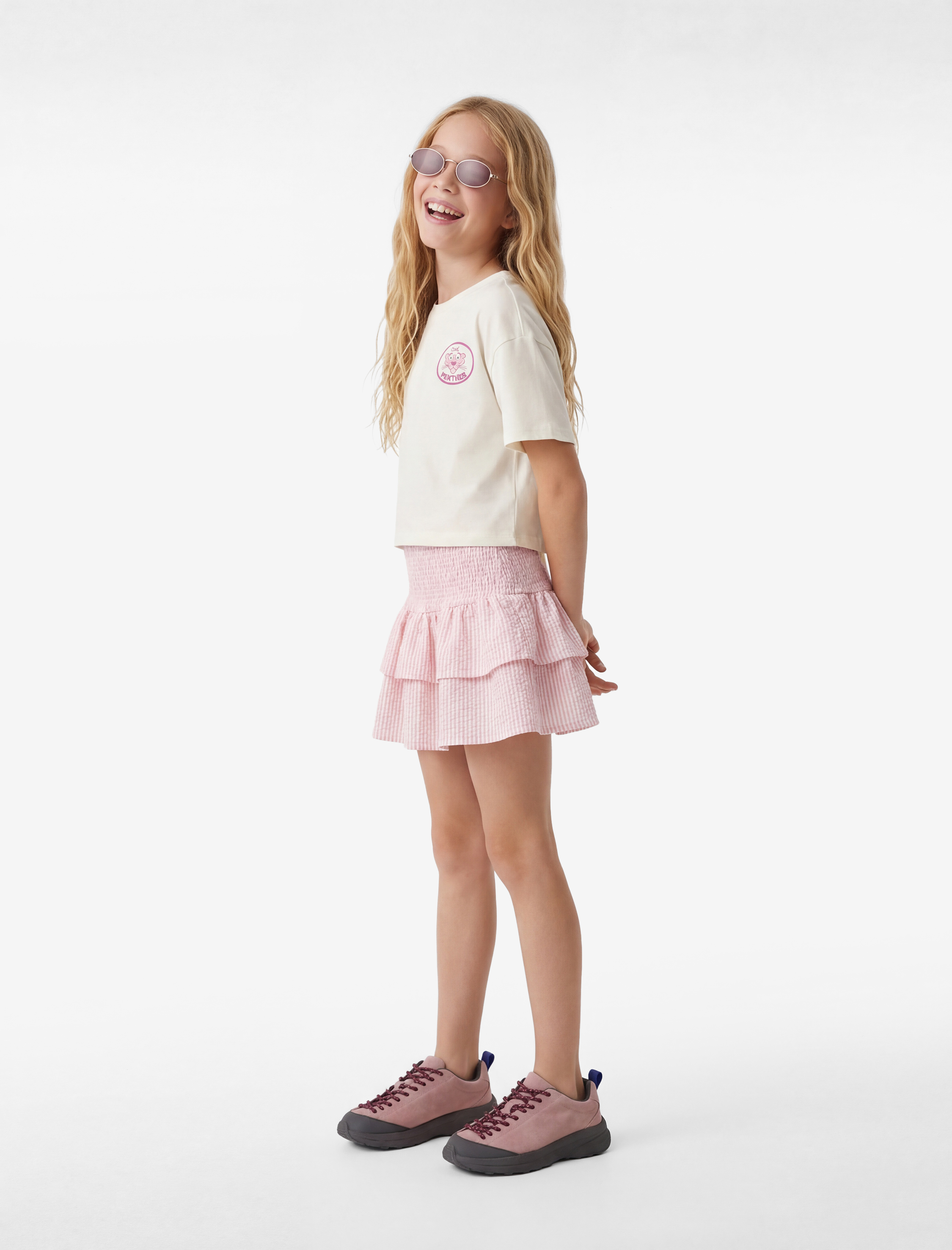 Kısa Kollu Bisiklet Yaka Pamuklu Lisanslı Arkası Pink Panther Baskılı Crop Tişört - Görsel 2