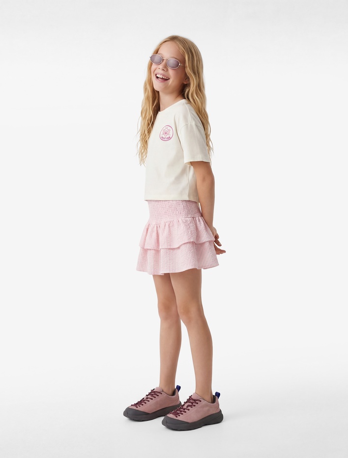 Kız Çocuk Kısa Kollu Bisiklet Yaka Pamuklu Lisanslı Arkası Pink Panther Baskılı Crop Tişört