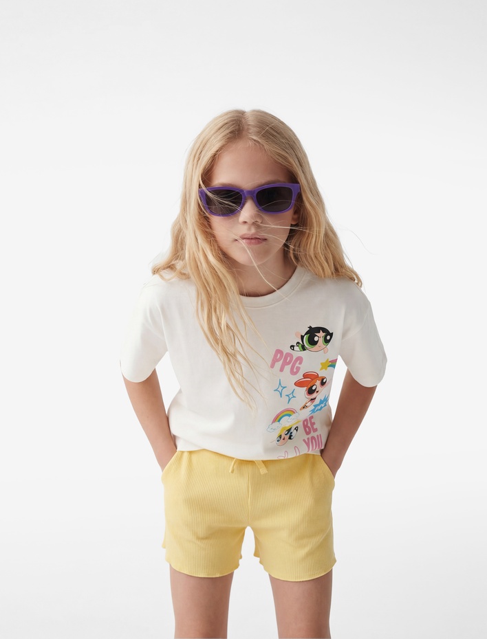 Kız Çocuk Pamuklu Kısa Kollu Bisiklet Yaka Lisanslı Powerpuff Girls Tişört