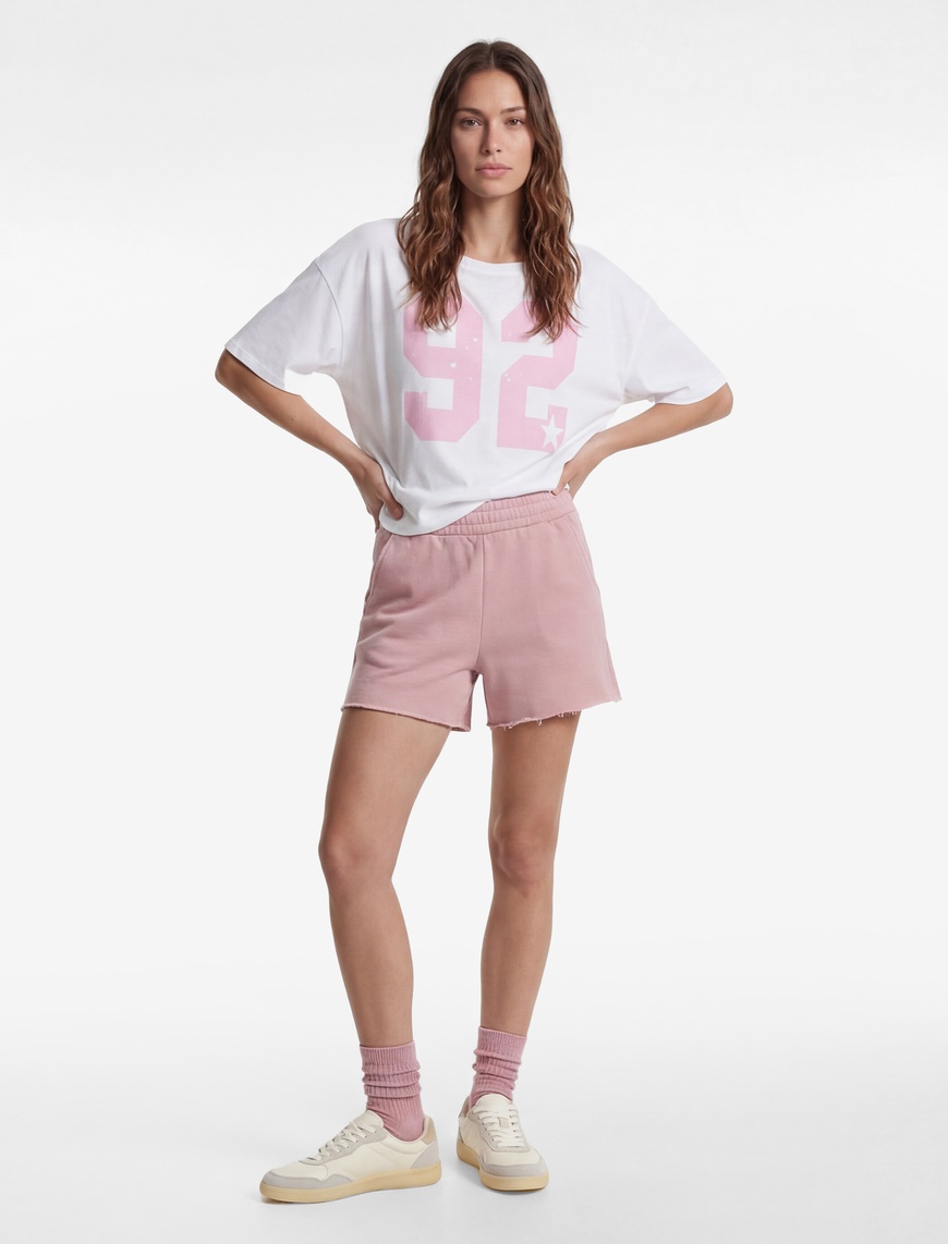 Koton Kadın Kısa Kollu Kayık Yaka Pamuklu Baskılı Oversize Spor T-Shirt