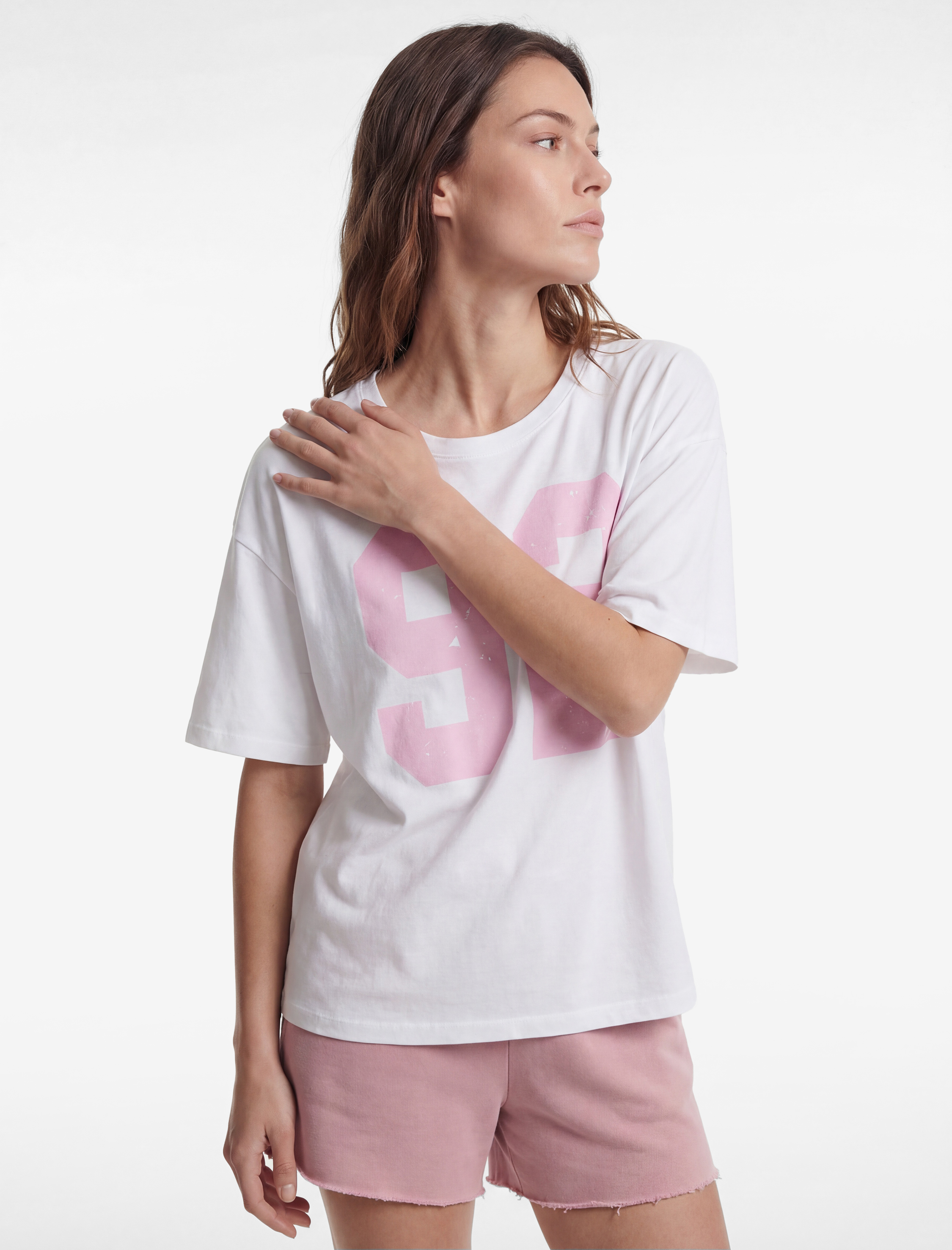   Kısa Kollu Kayık Yaka Pamuklu Baskılı Oversize Spor Tişört