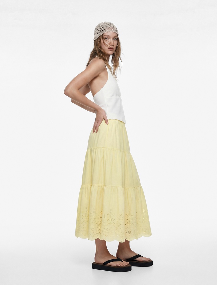  Brodeli Beli Lastikli Volanlı Uzun Etek