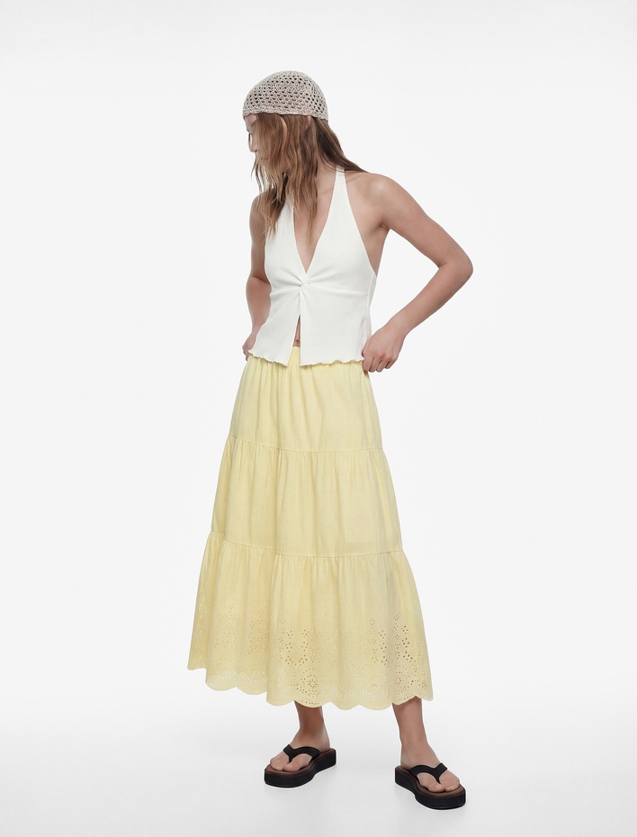  Brodeli Beli Lastikli Volanlı Uzun Etek