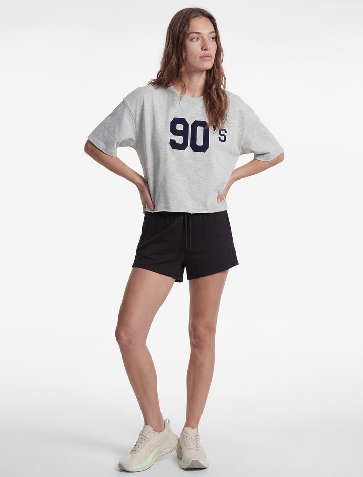  Rahat Kalıp Kısa Kollu Bisiklet Yaka Baskılı Crop Spor Tişört