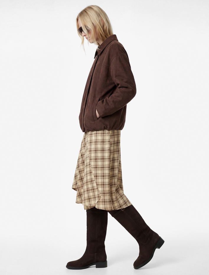  Asimetrik Kesim Ekose Midi Etek