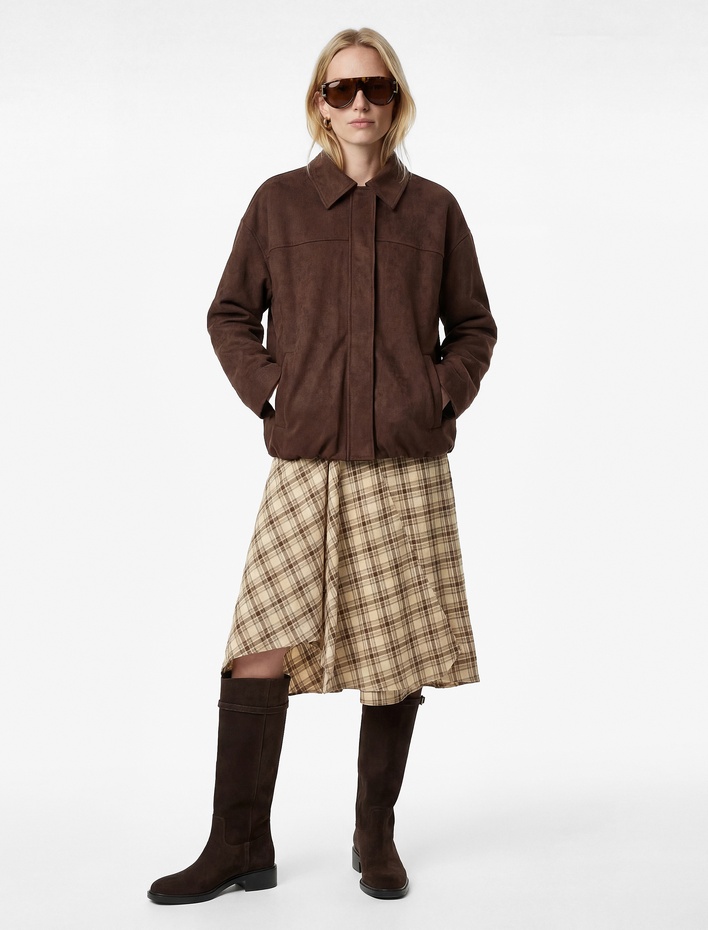  Asimetrik Kesim Ekose Midi Etek