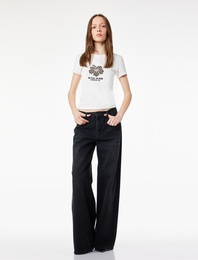 Leopar Nakış Detaylı Slim Fit Kısa Kollu Pamuklu Tişört
