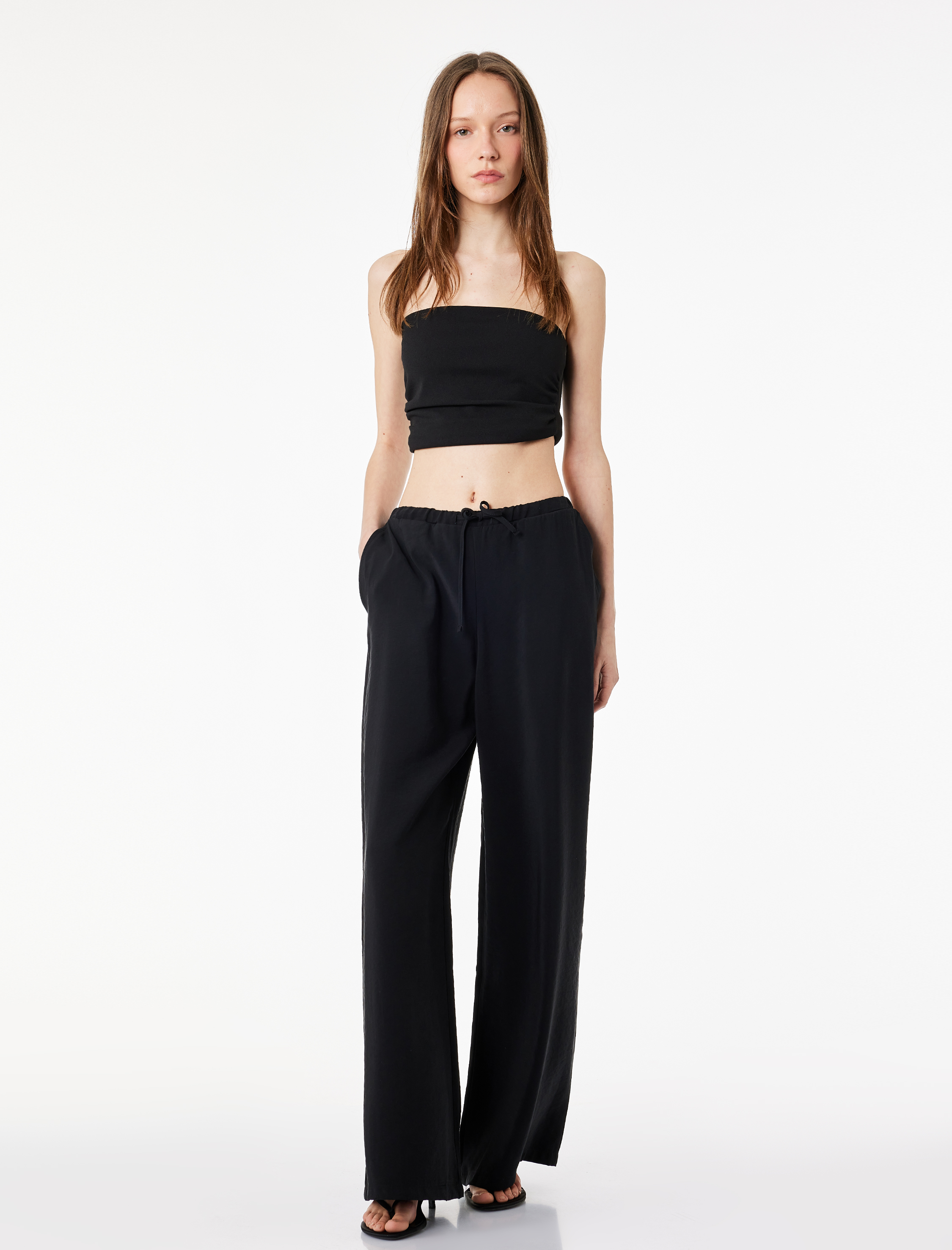   Rahat Kalıp Beli Bağcıklı Viskon Geniş Paça Pantolon