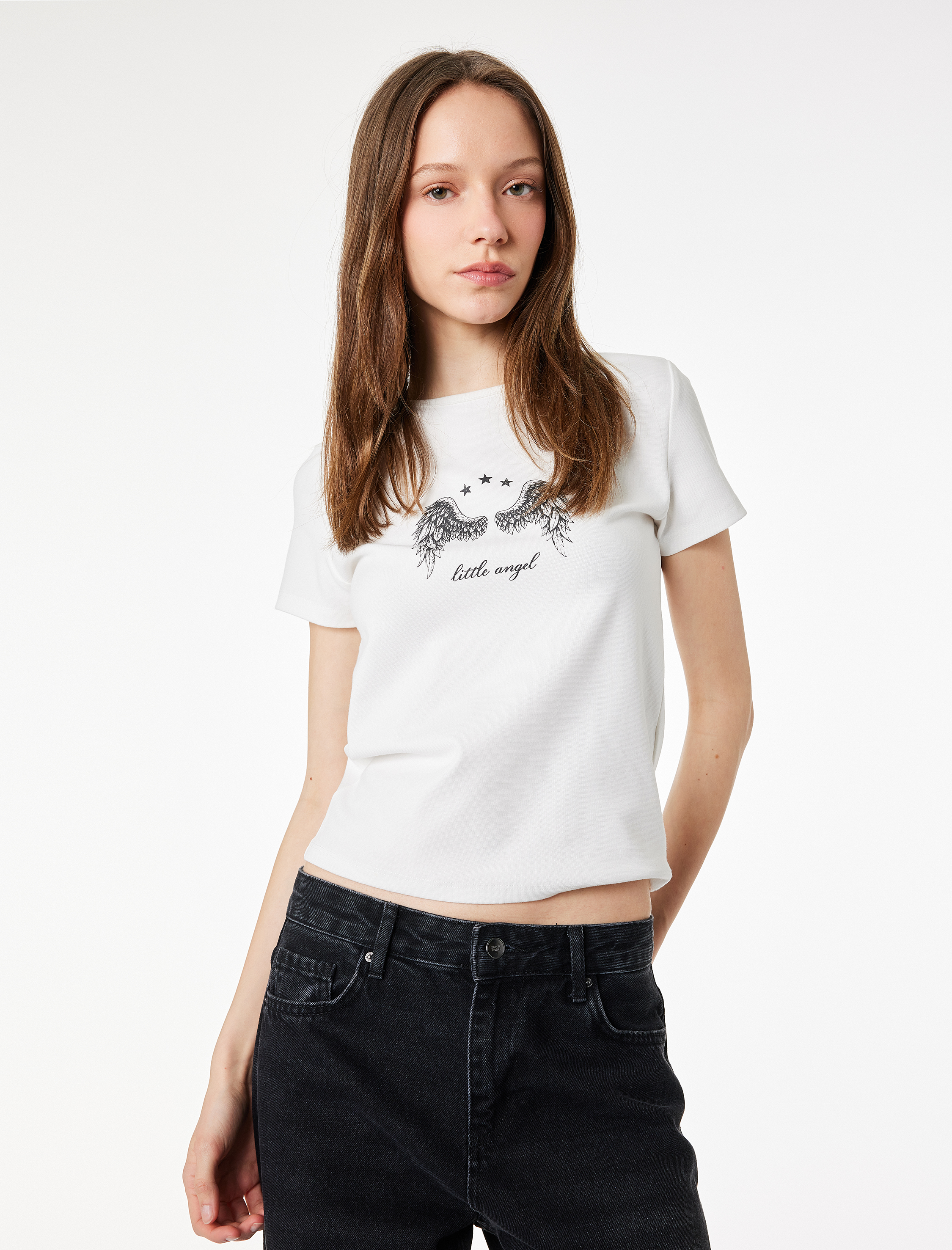   Slim Fit Kısa Kollu Bisiklet Yaka Melek Baskılı Tişört