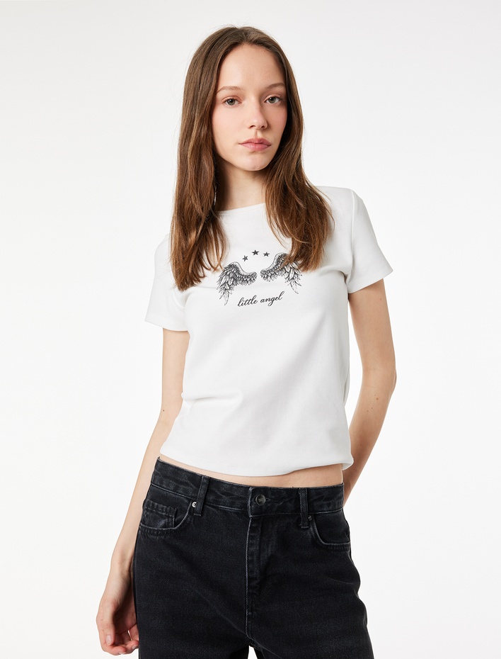  Slim Fit Kısa Kollu Bisiklet Yaka Melek Baskılı Tişört