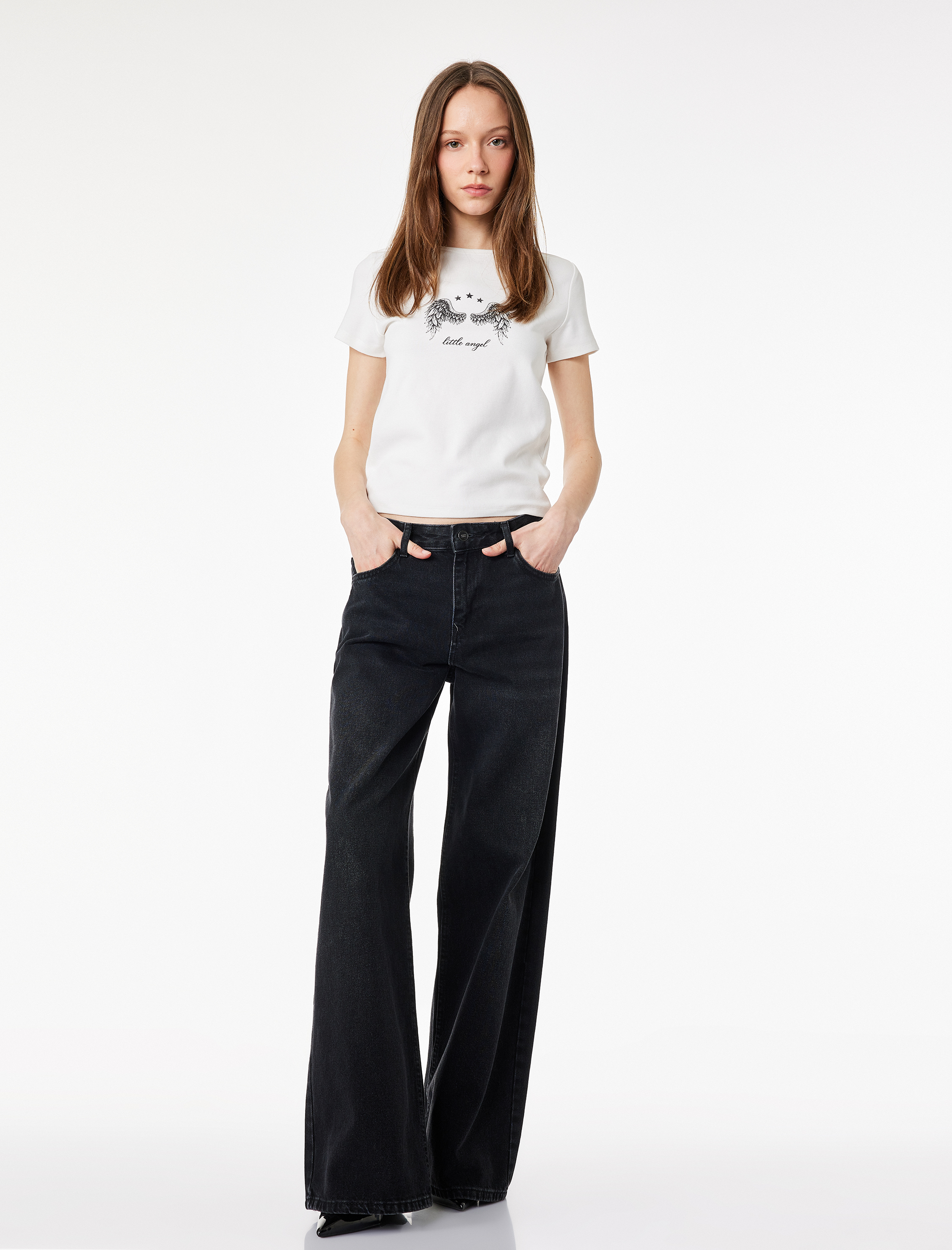   Slim Fit Kısa Kollu Bisiklet Yaka Melek Baskılı Tişört