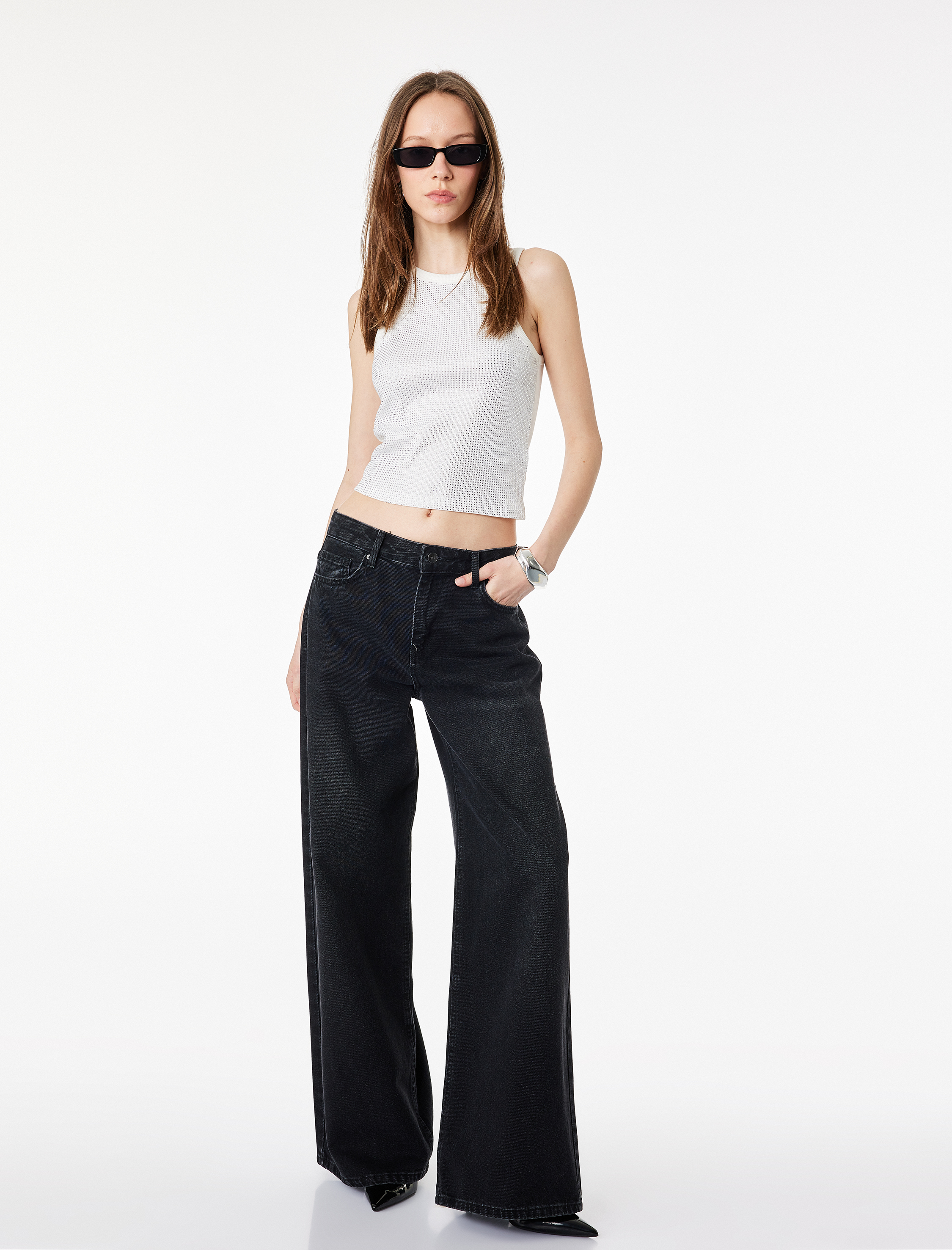   Pamuklu Taş Detaylı Kolsuz Bisiklet Yaka Bluz