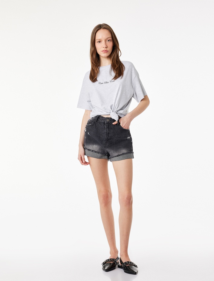  Rahat Kalıp Yarım Kollu Bisiklet Yaka Baskılı Spor Tişört