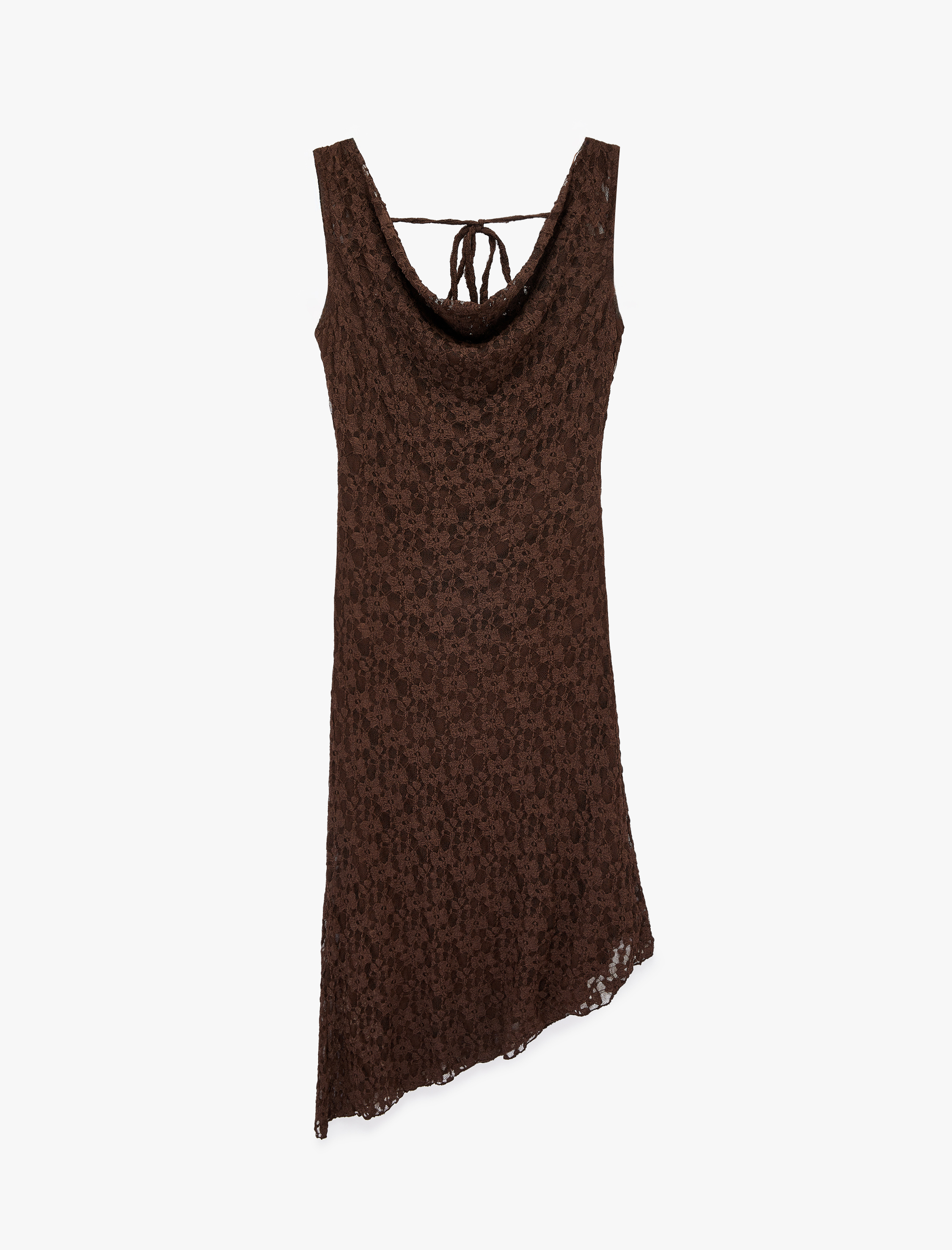   Kolsuz Degaje Yaka Asimetrik Midi Dantelli Elbise