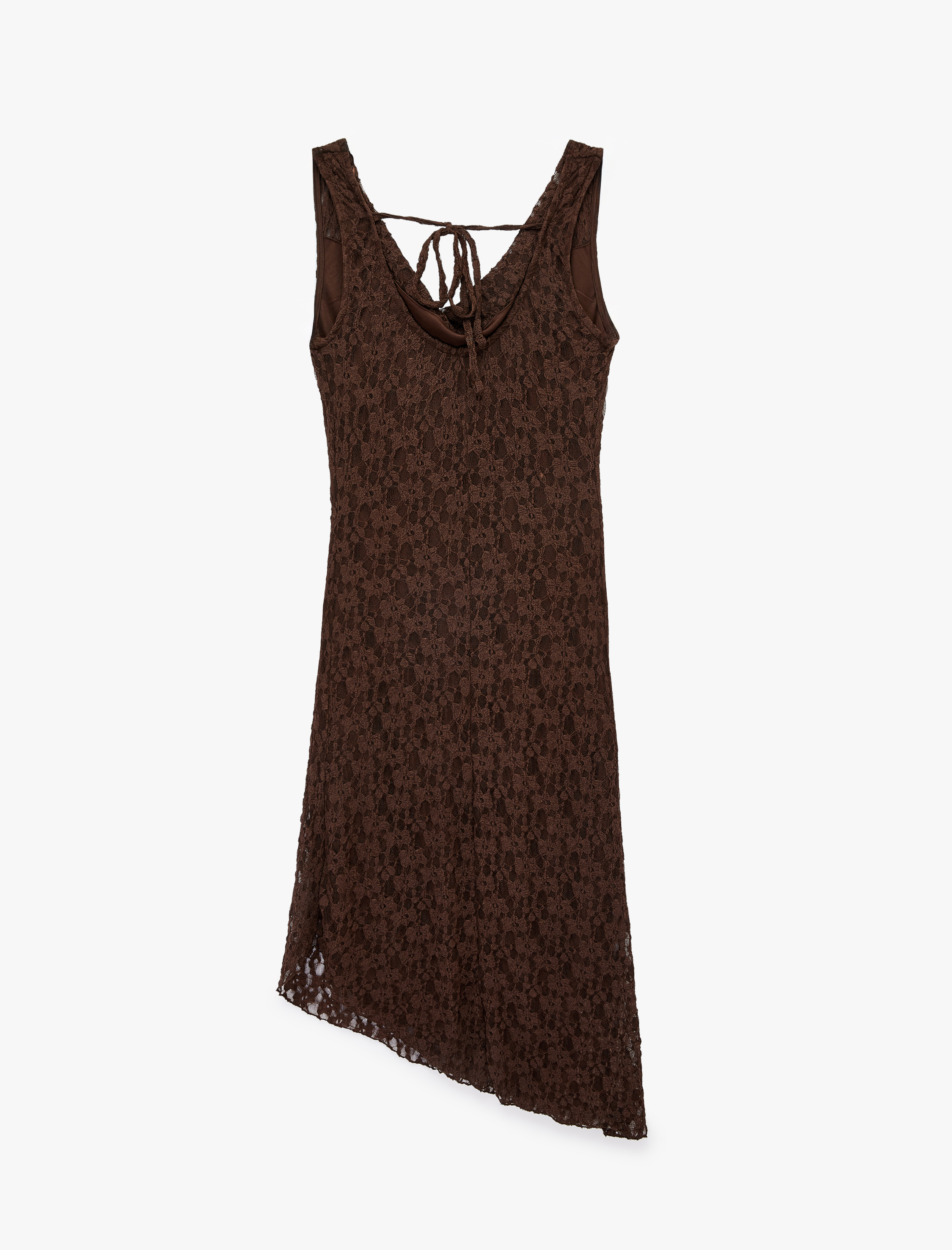   Kolsuz Degaje Yaka Asimetrik Midi Dantelli Elbise