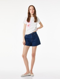 Slim Fit Kısa Kollu Bisiklet Yaka Pamuklu Hibiskus Baskılı Tişört