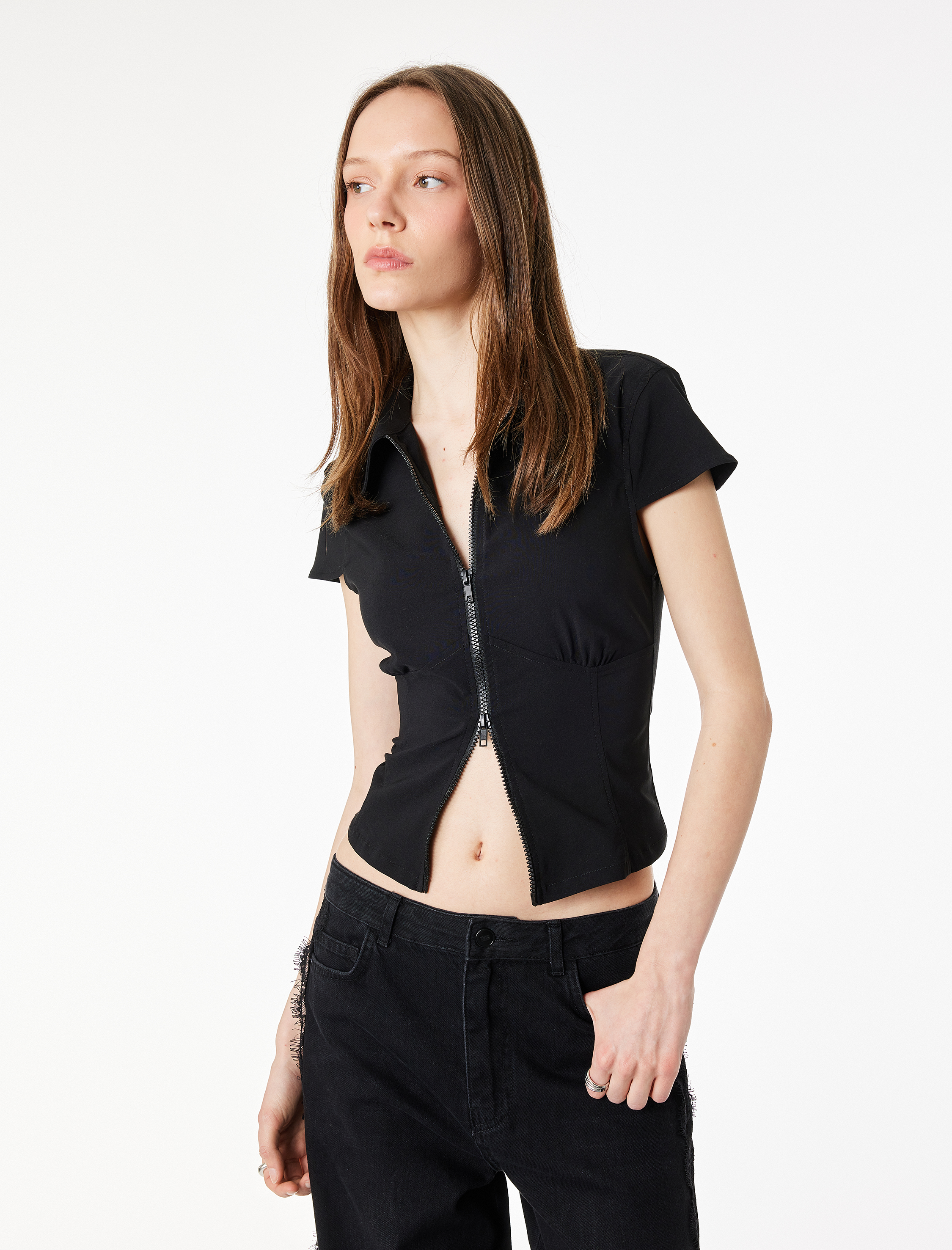   Slim Fit Kısa Kollu Klasik Yaka Fermuarlı Crop Gömlek