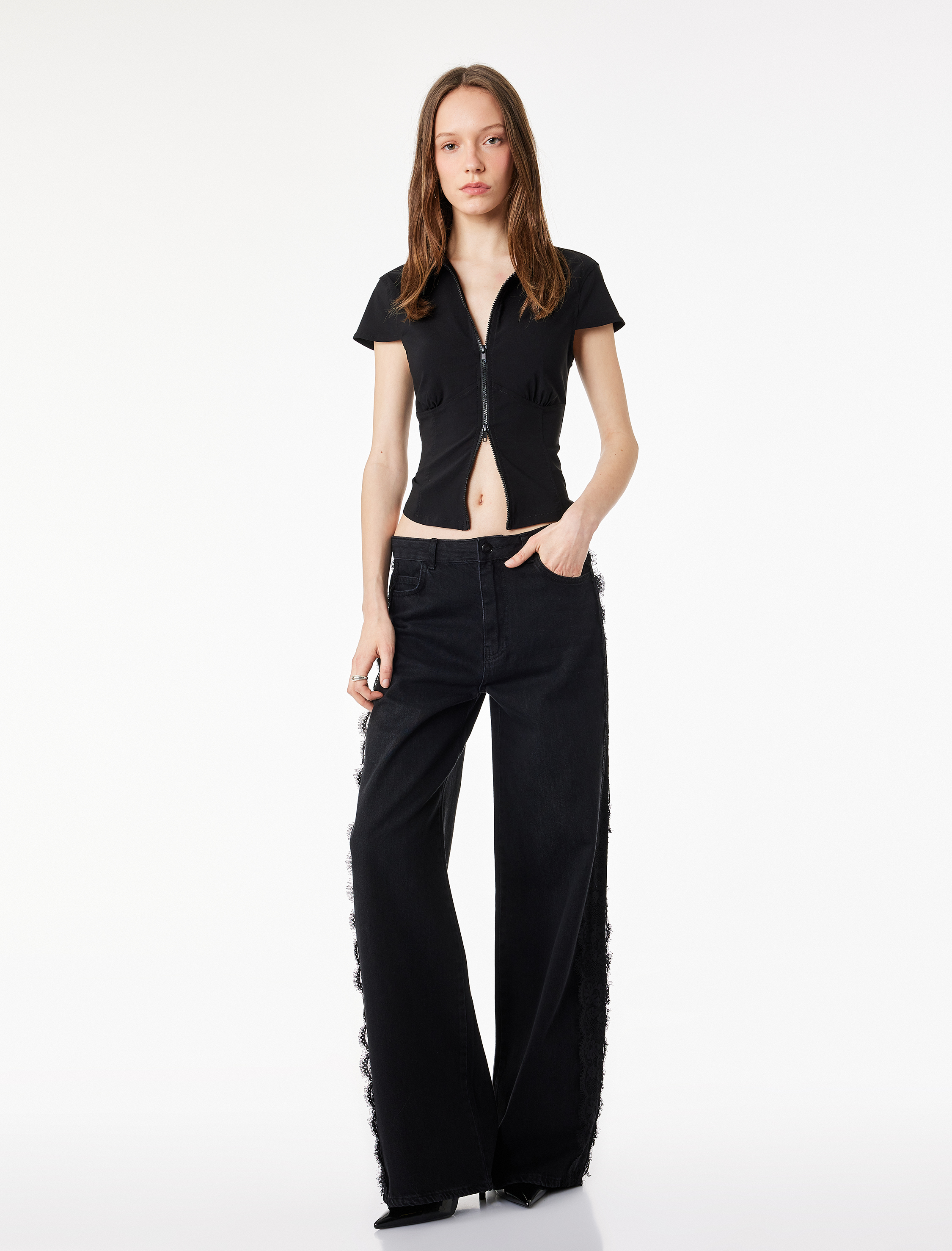   Slim Fit Kısa Kollu Klasik Yaka Fermuarlı Crop Gömlek