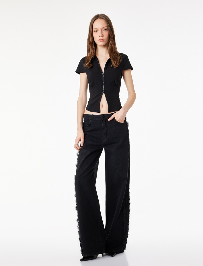  Slim Fit Kısa Kollu Klasik Yaka Fermuarlı Crop Gömlek