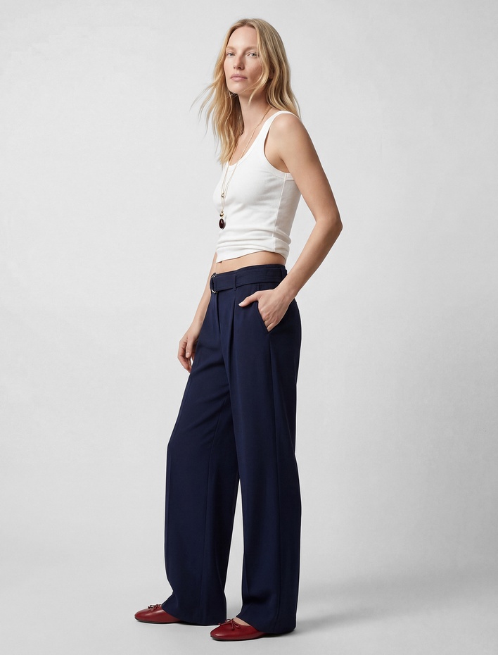  Standart Bel Kemerli Geniş Paça Pantolon