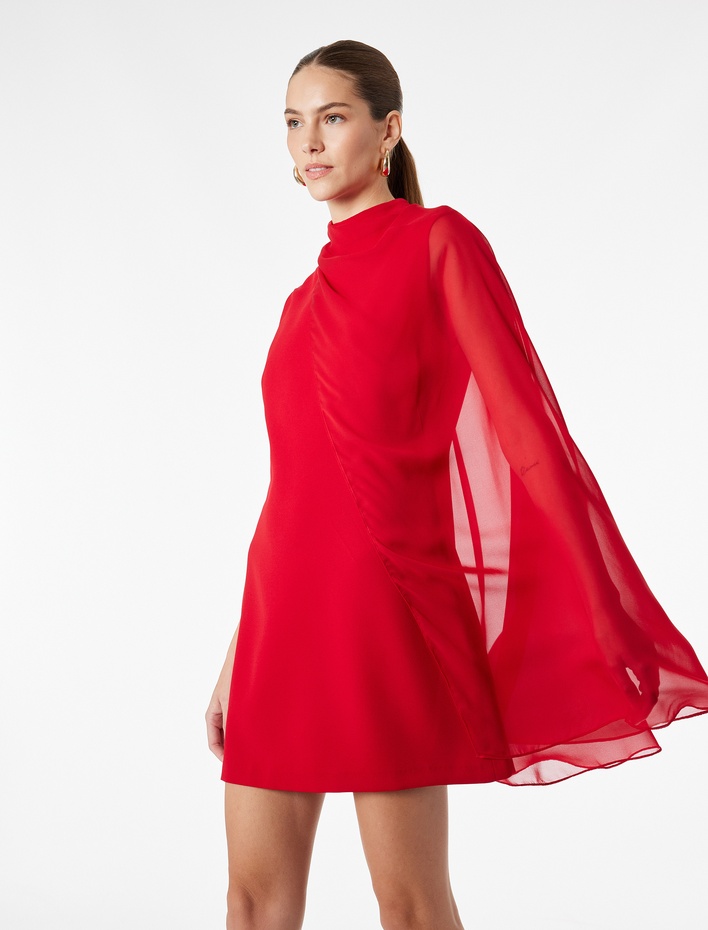  Bisiklet Yaka Pelerin Kollu A Kesim Krep Mini Elbise