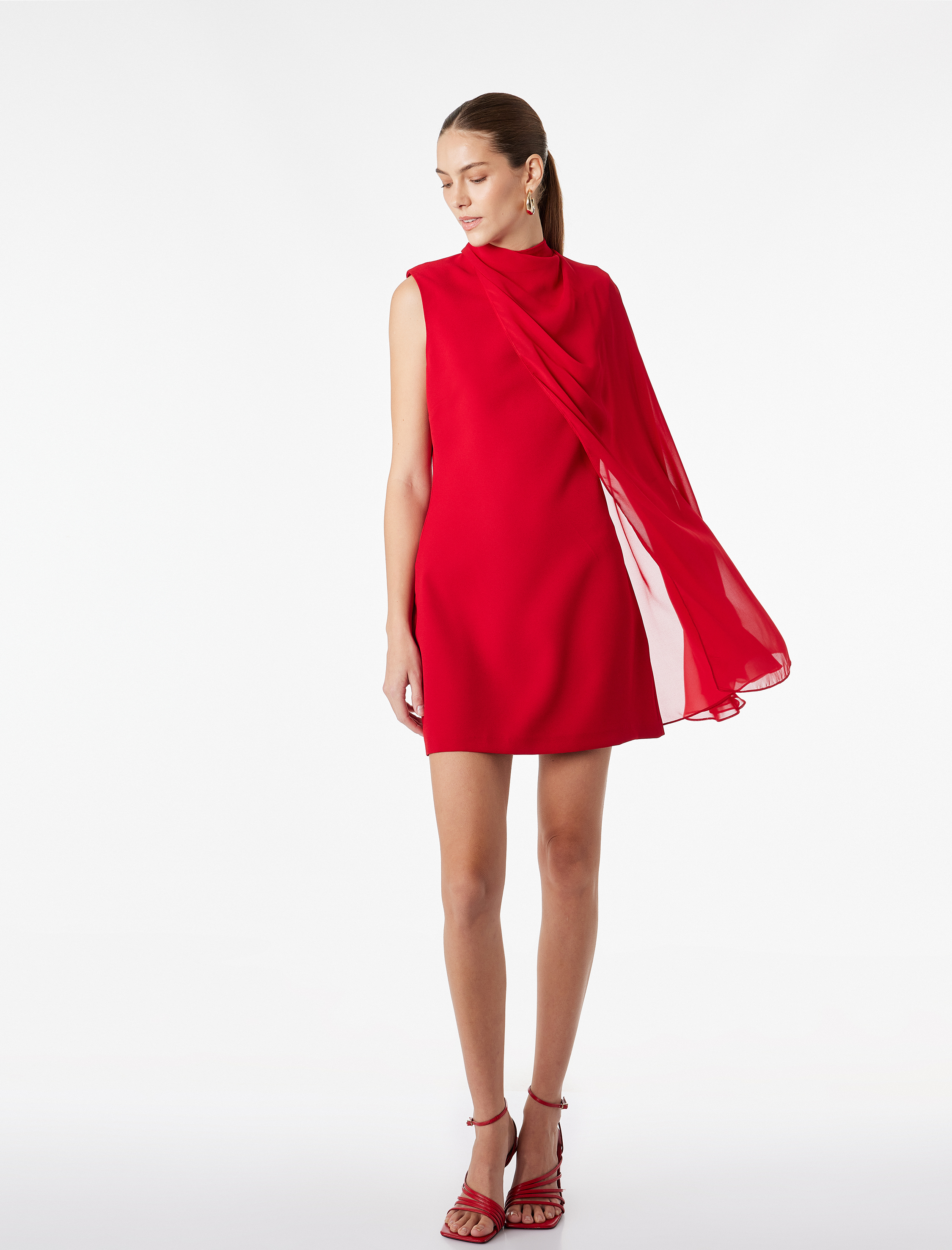 Bisiklet Yaka Pelerin Kollu A Kesim Krep Mini Elbise