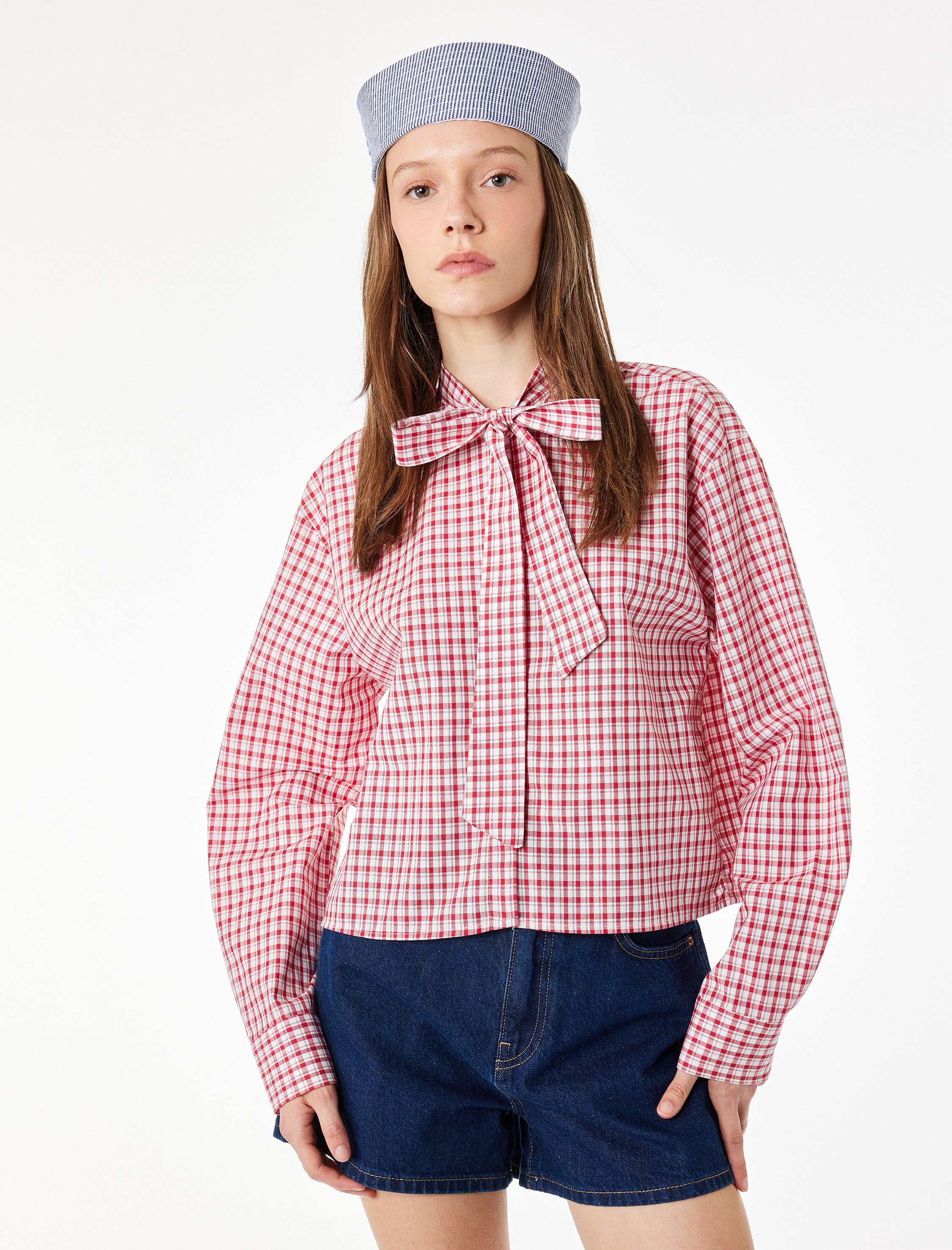 Bağlama Detaylı Kareli Uzun Kollu Fiyonklu Poplin Gömlek - Görsel 2