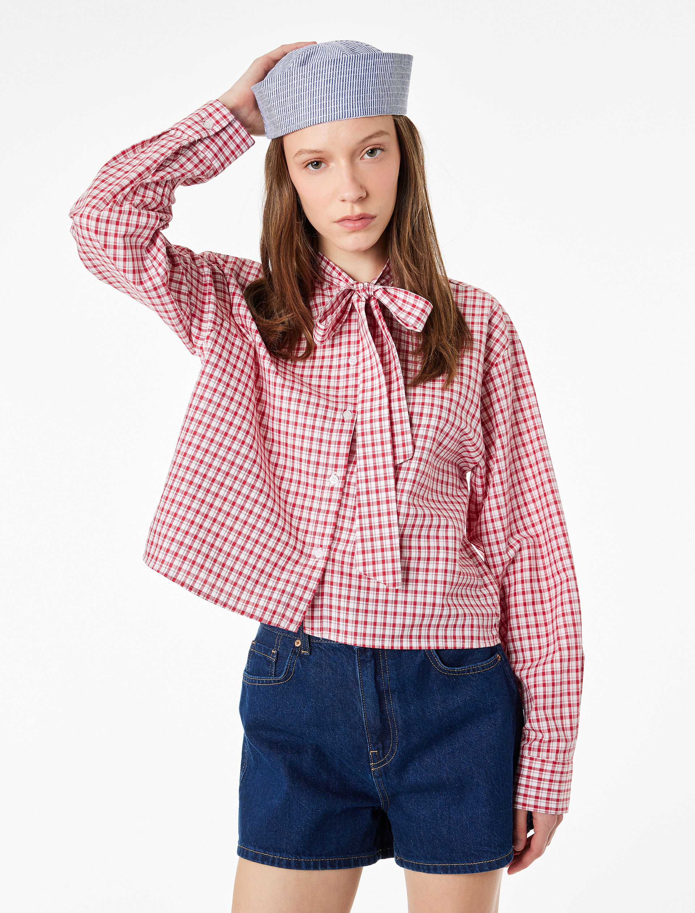 Bağlama Detaylı Kareli Uzun Kollu Fiyonklu Poplin Gömlek - Görsel 3