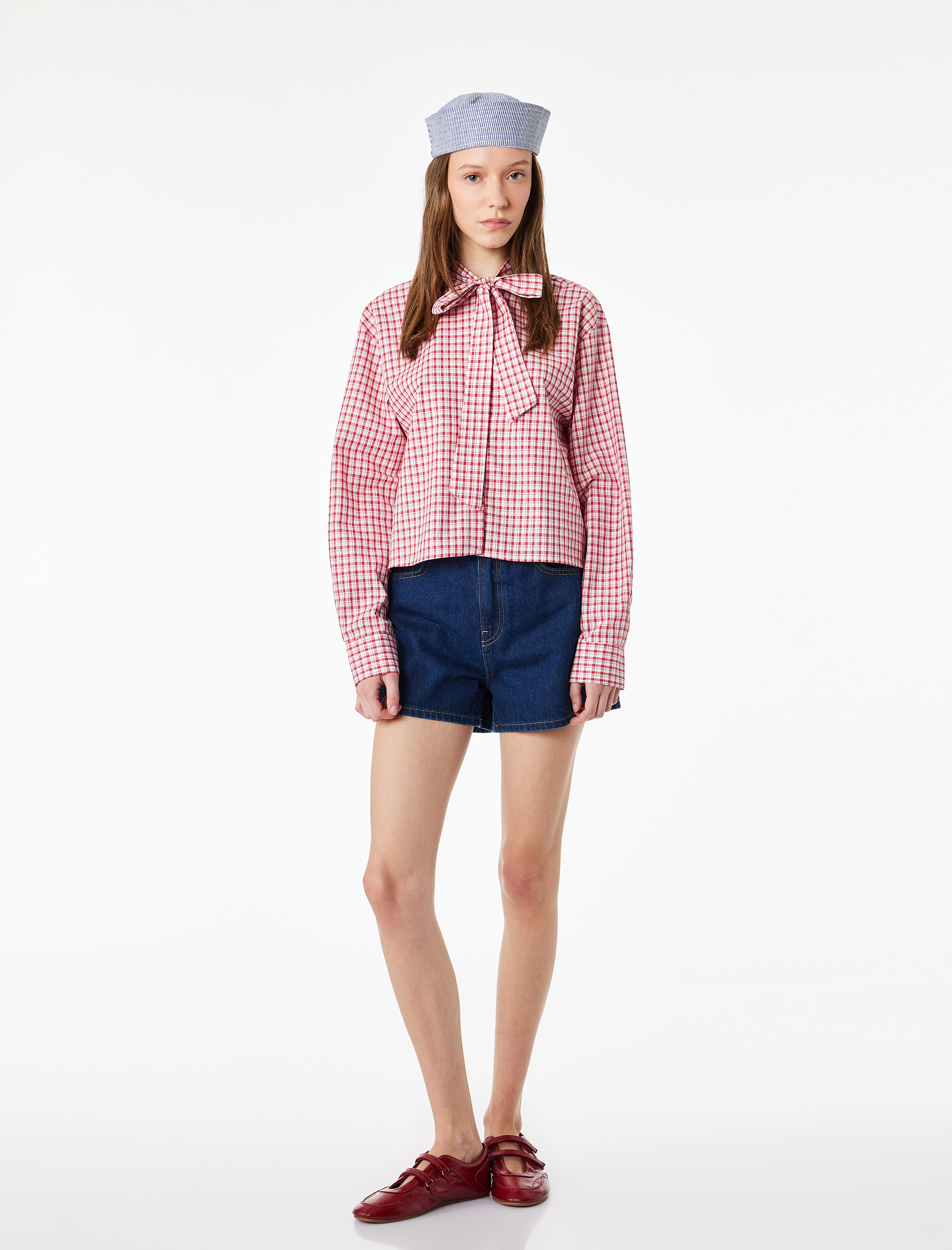 Bağlama Detaylı Kareli Uzun Kollu Fiyonklu Poplin Gömlek