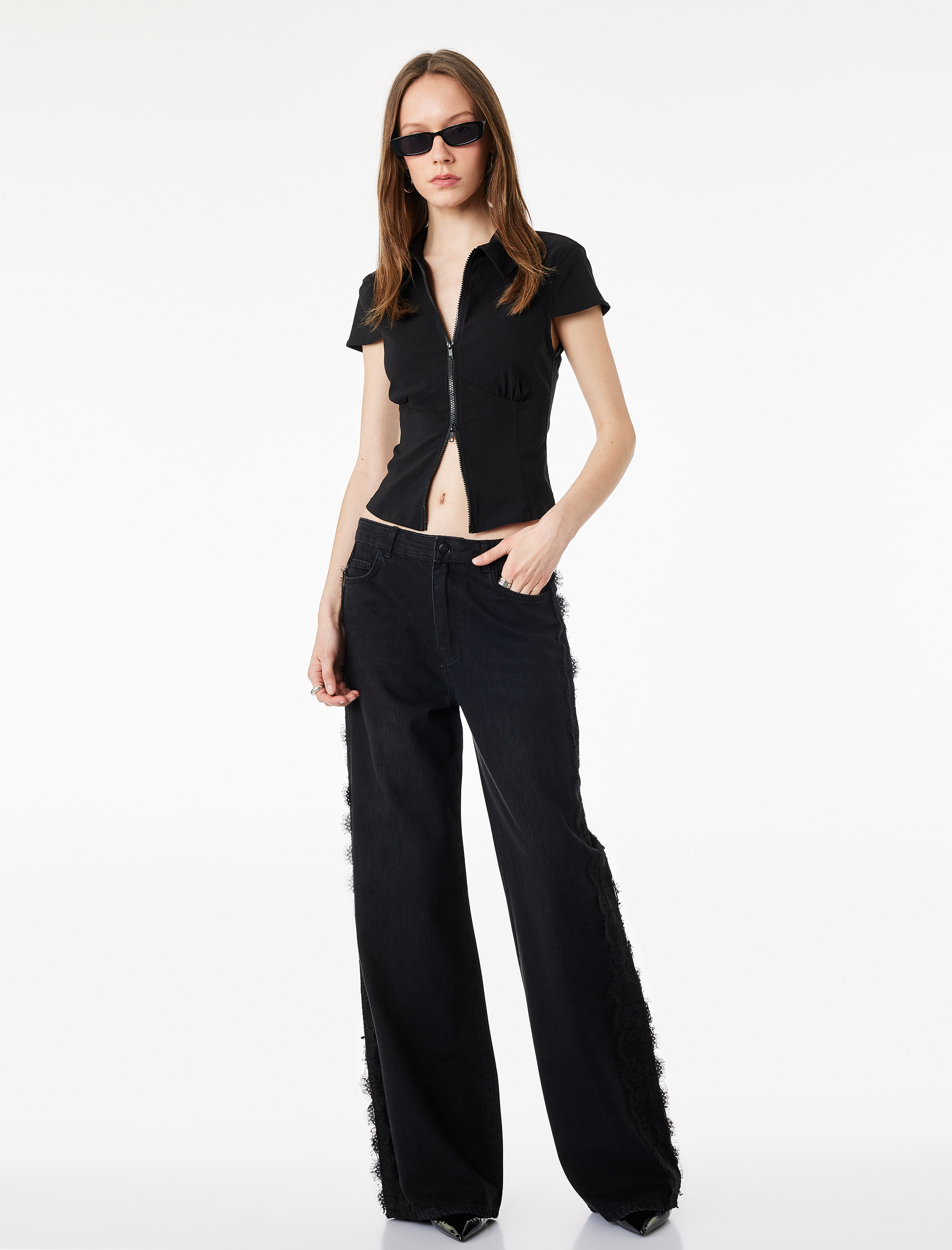   Pamuklu Dantel Detaylı Geniş Paça Denim Pantolon -  Wide Leg Jeans