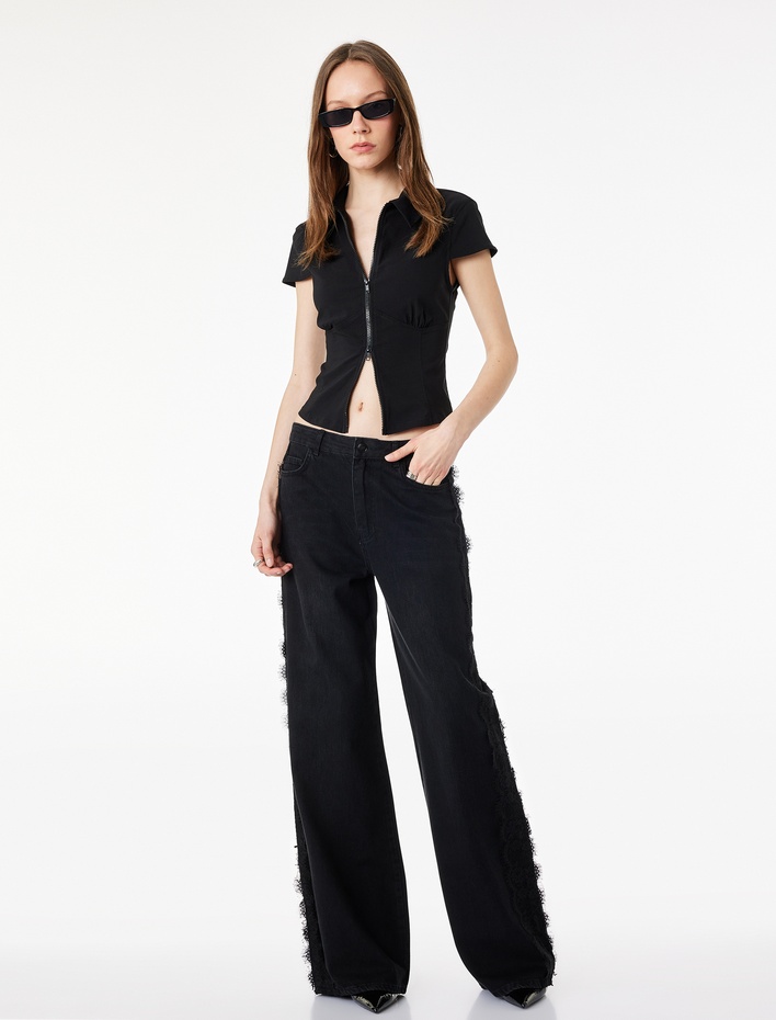  Pamuklu Dantel Detaylı Geniş Paça Denim Pantolon -  Wide Leg Jeans