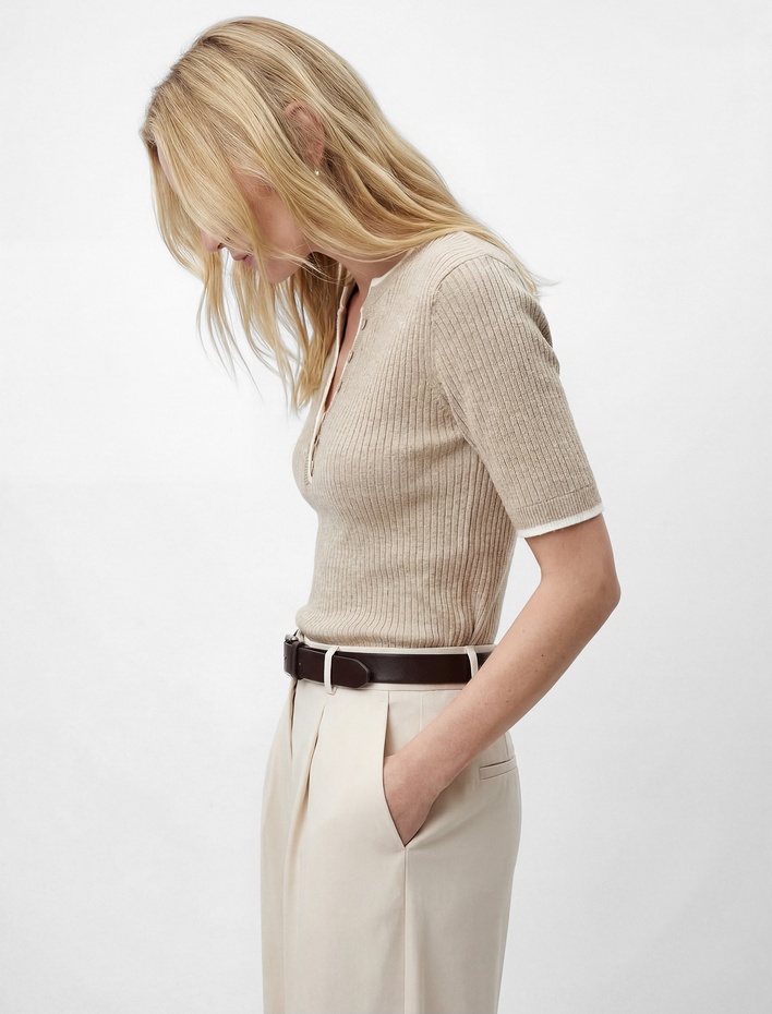  Düğmeli Bisiklet Çift Yaka Kısa Kollu Viskon Triko Kazak