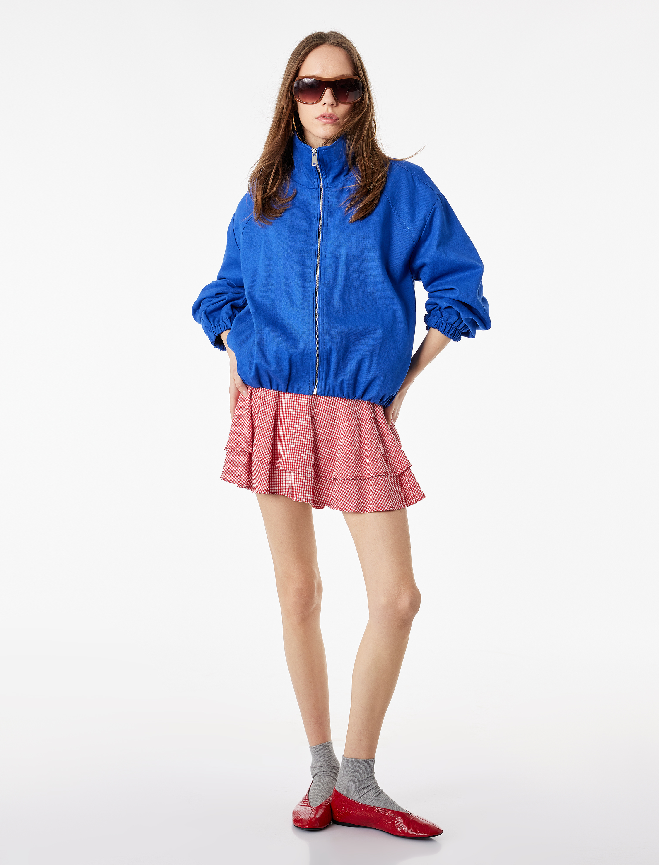   Kat Detaylı Rahat Kesim Viskon Karışımlı Ekoseli Mini Etek