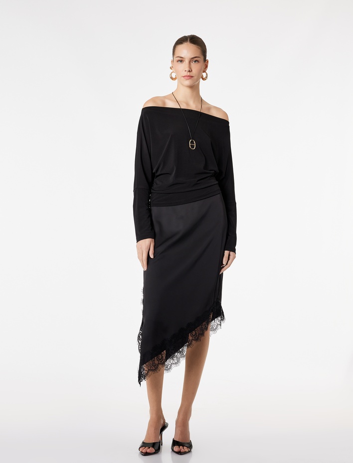  Sandy Kumaş Slim Fit Uzun Kollu Kayık Yaka Omzu Açık Tişört