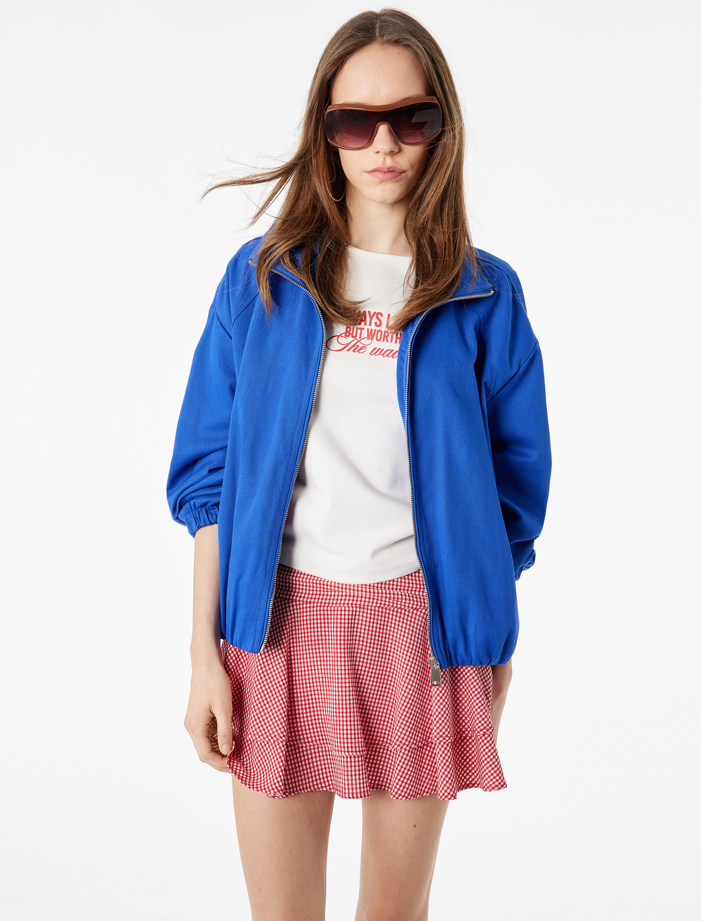   Kat Detaylı Rahat Kesim Viskon Karışımlı Ekoseli Mini Etek