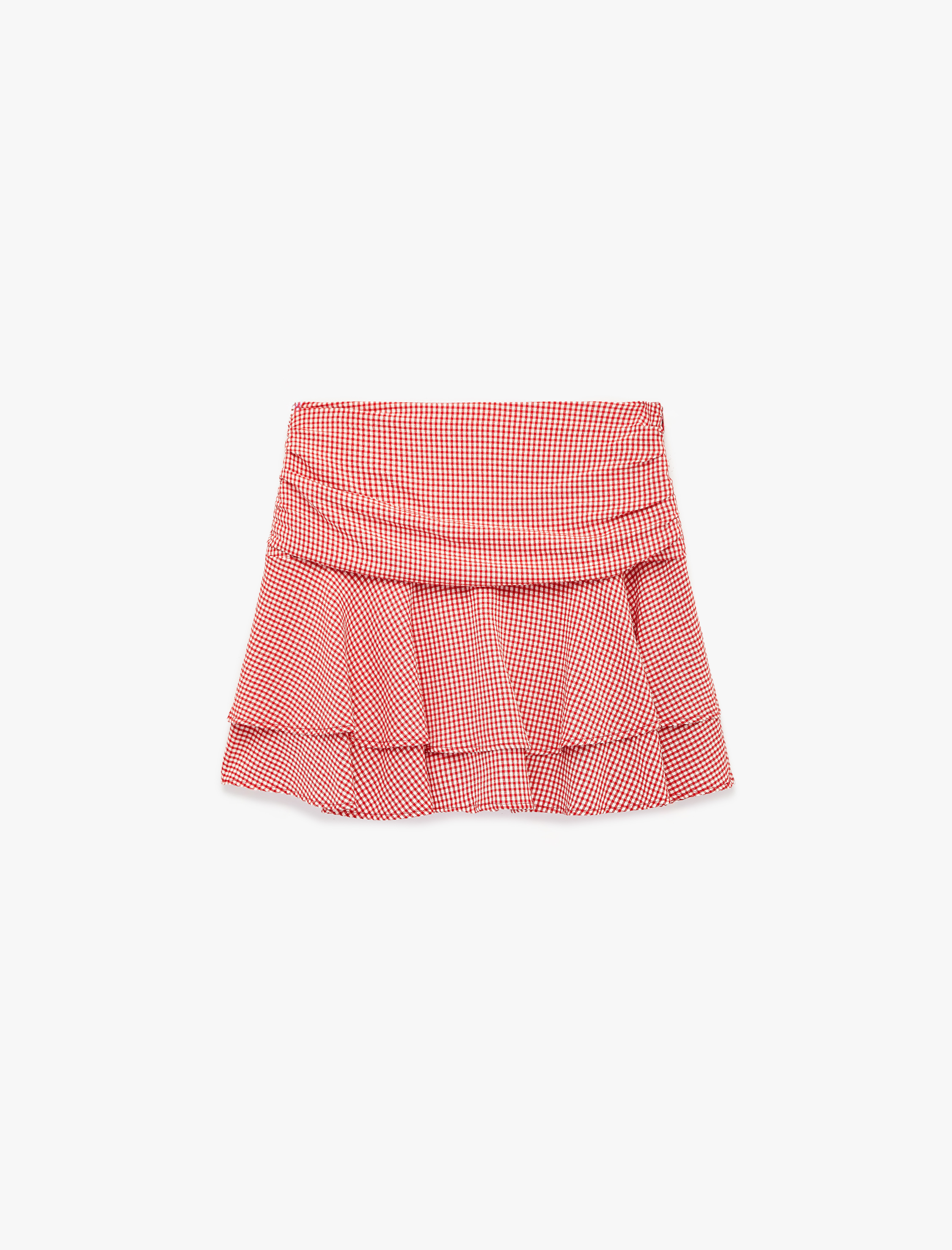   Kat Detaylı Rahat Kesim Viskon Karışımlı Ekoseli Mini Etek