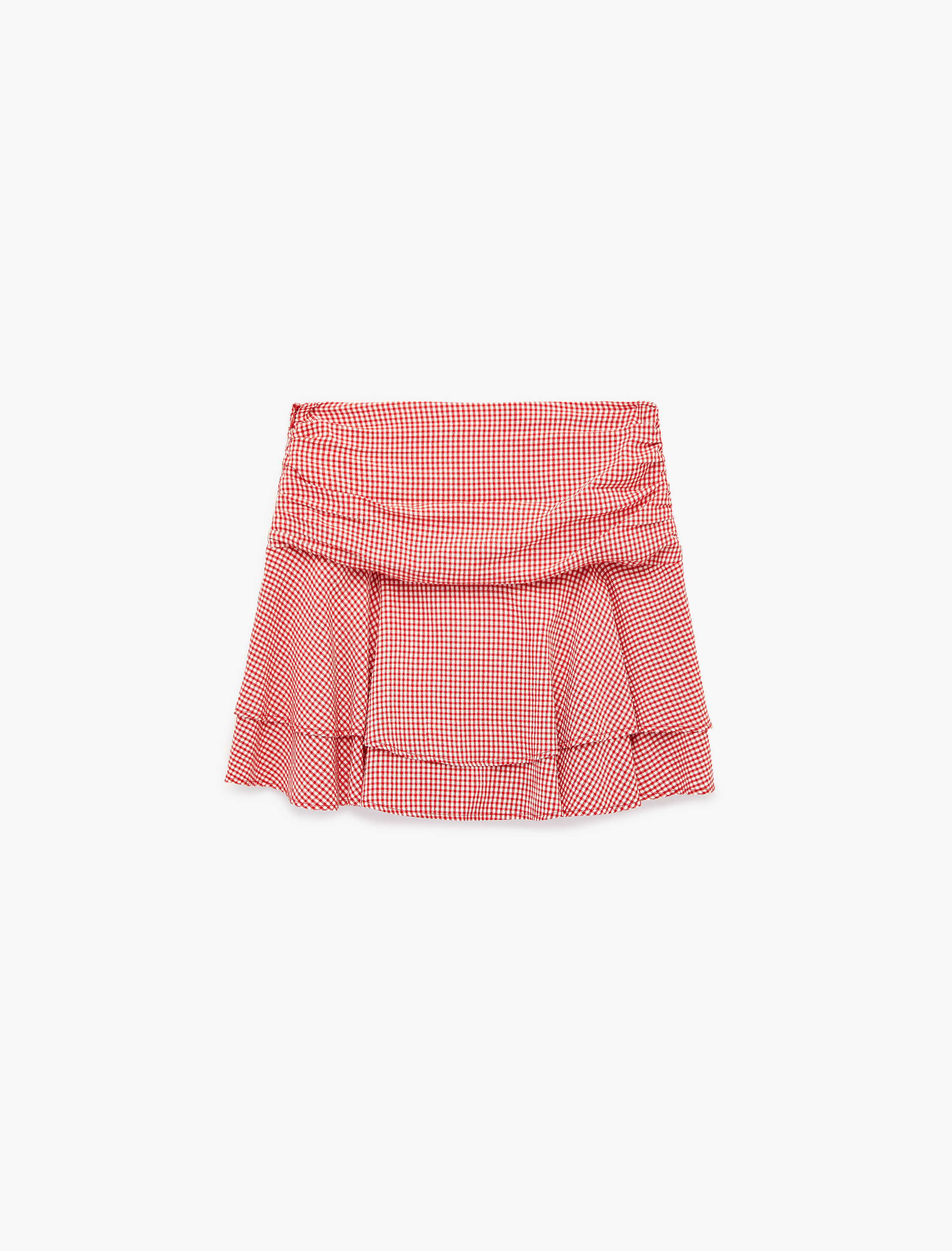   Kat Detaylı Rahat Kesim Viskon Karışımlı Ekoseli Mini Etek