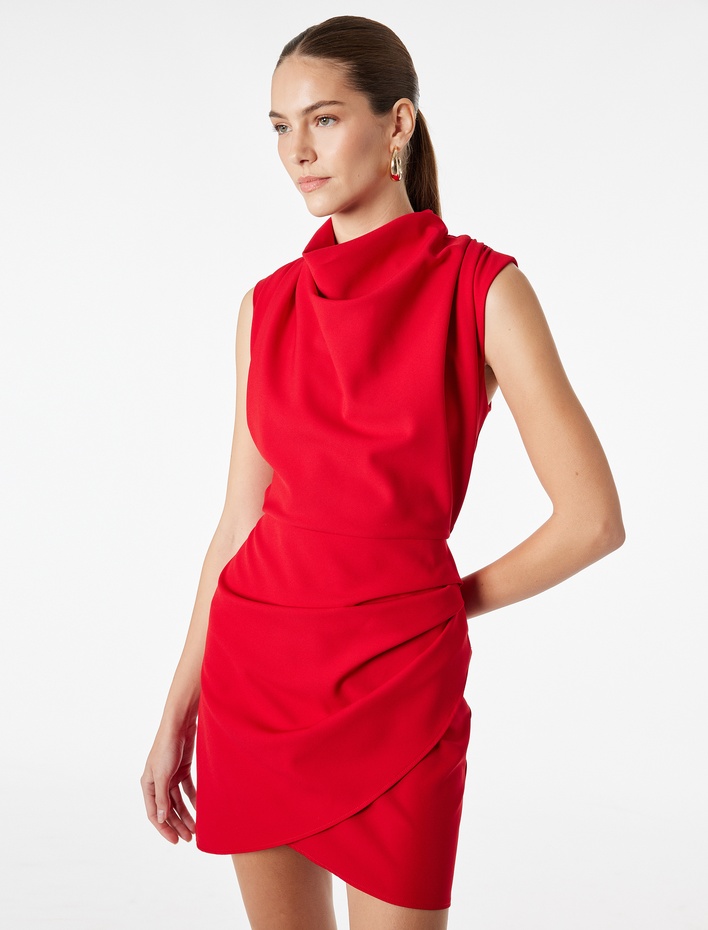  Dik Degaje Yaka Kolsuz Drapeli Kruvaze Mini Elbise