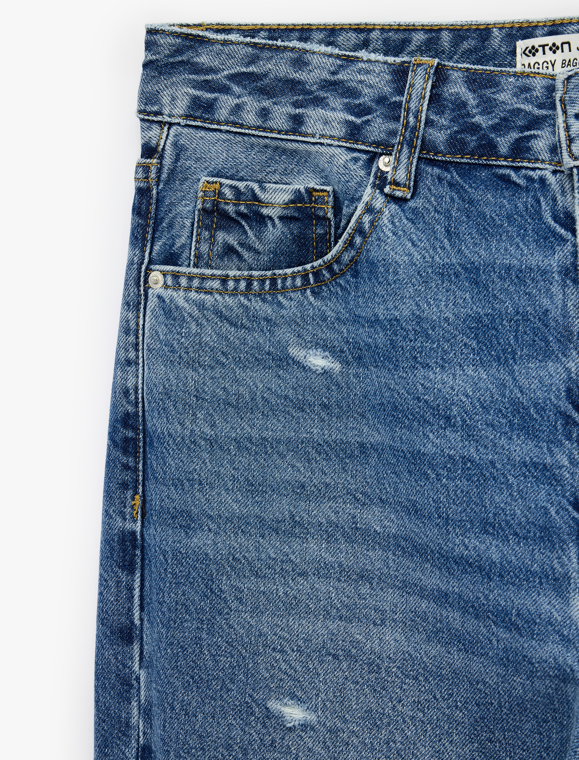   Normal Bel Yıpratma Detaylı Cepli Pamuklu Baggy Jean Pantolon