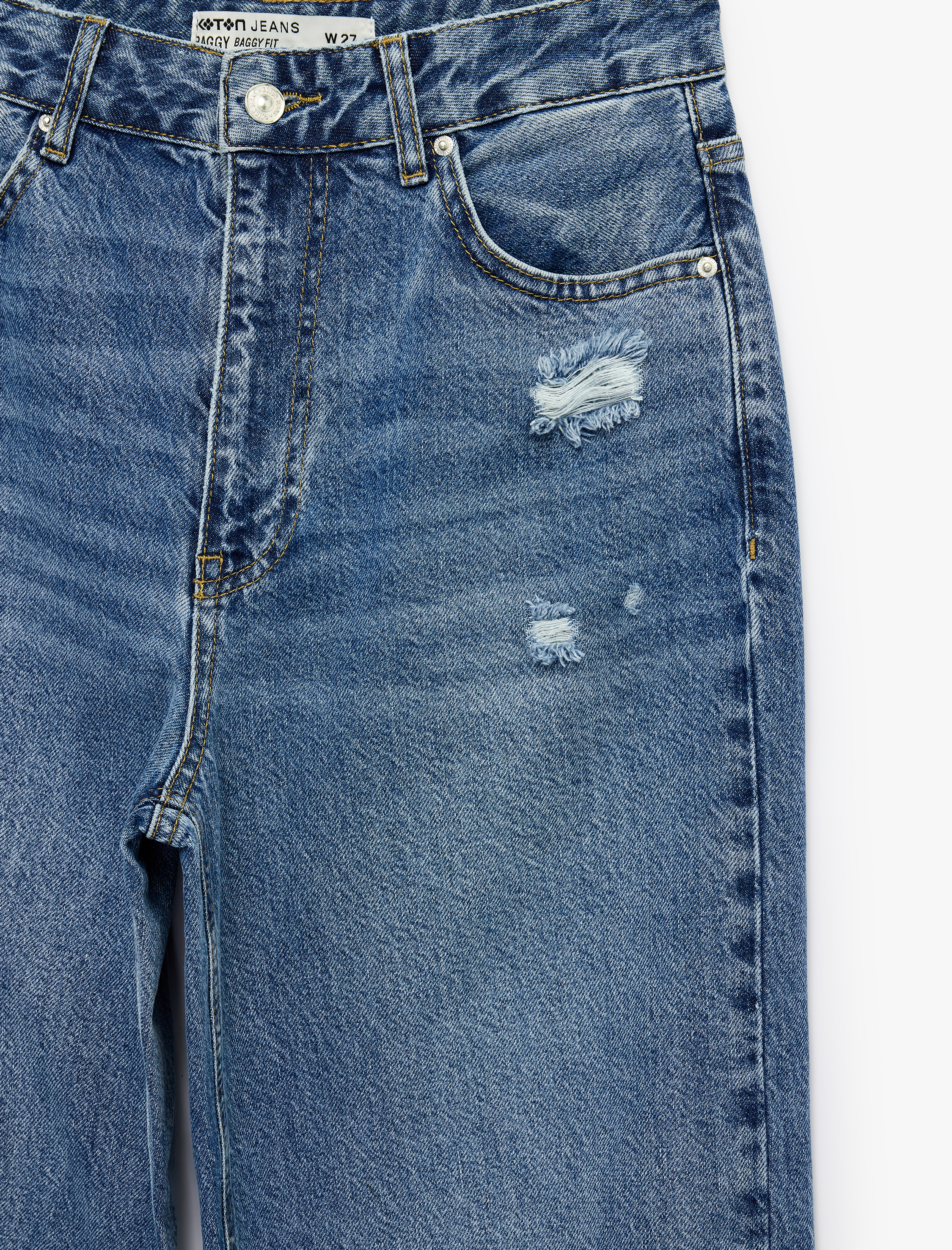   Normal Bel Yıpratma Detaylı Cepli Pamuklu Baggy Jean Pantolon