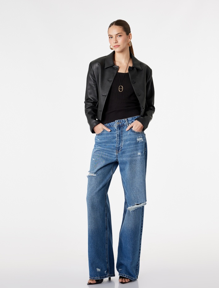  Normal Bel Yıpratma Detaylı Cepli Pamuklu Baggy Jean Pantolon