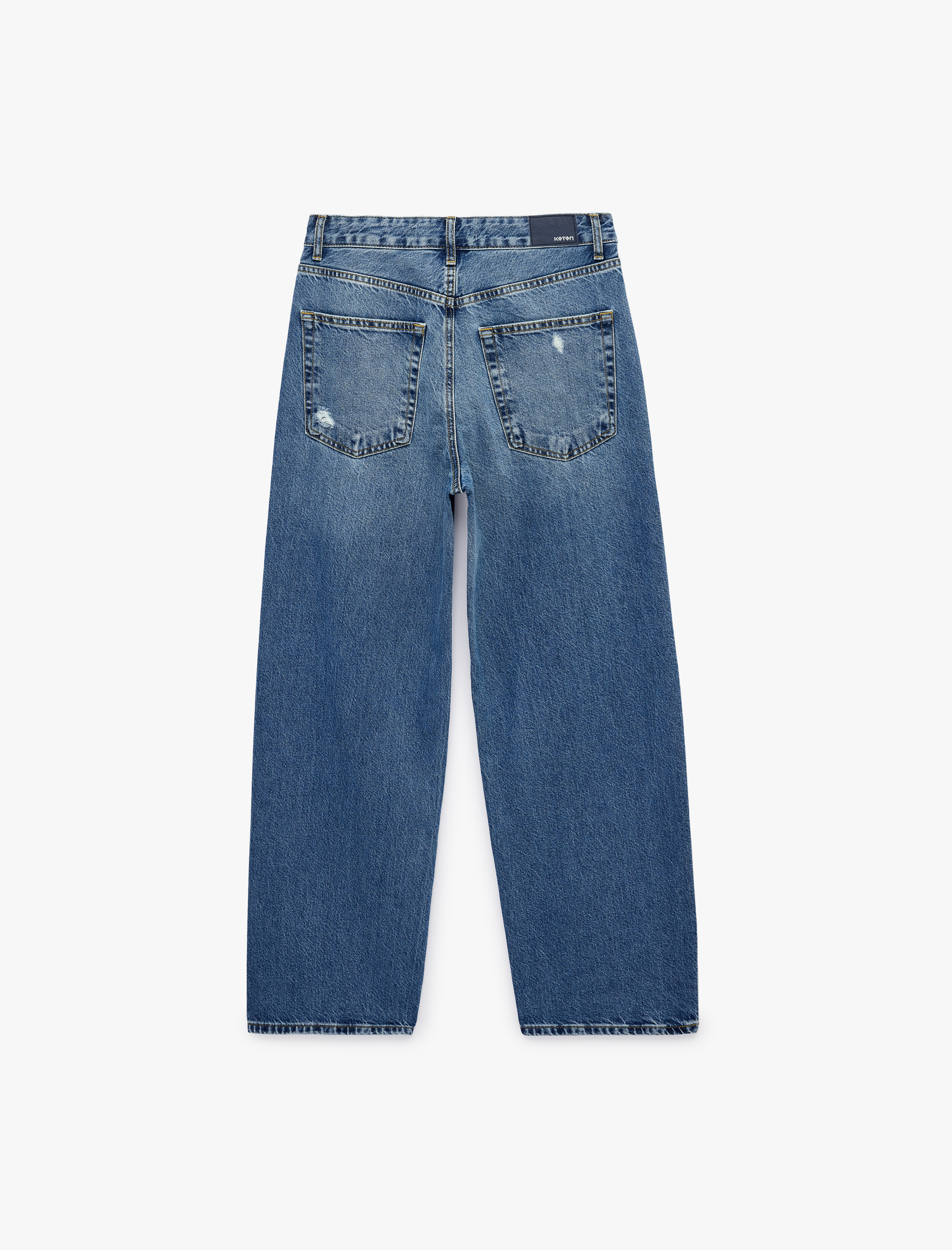   Normal Bel Yıpratma Detaylı Cepli Pamuklu Baggy Jean Pantolon