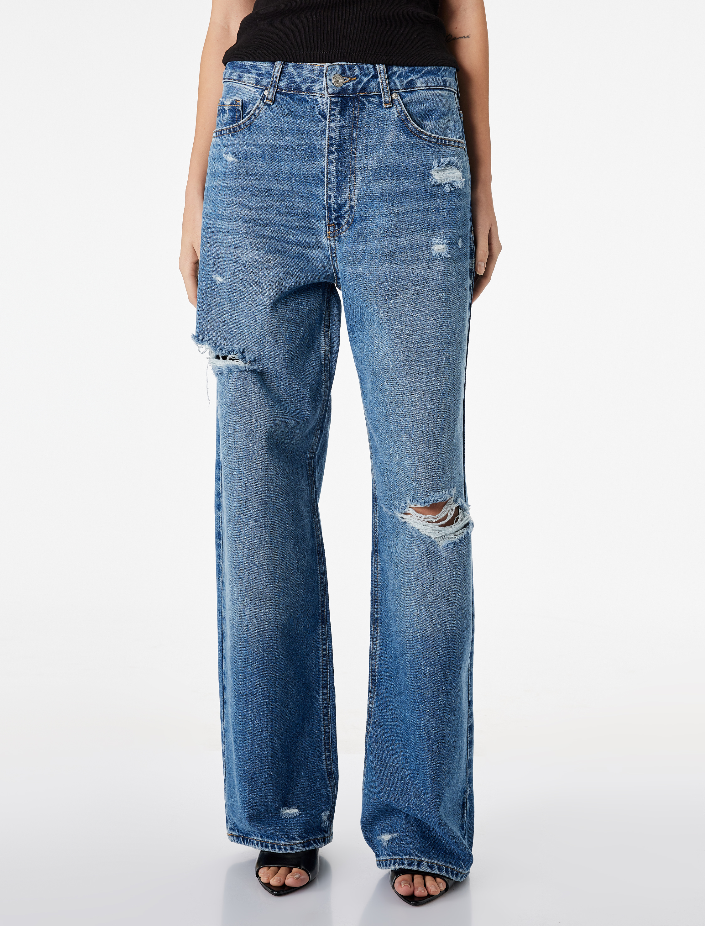  Normal Bel Yıpratma Detaylı Cepli Pamuklu Baggy Jean Pantolon
