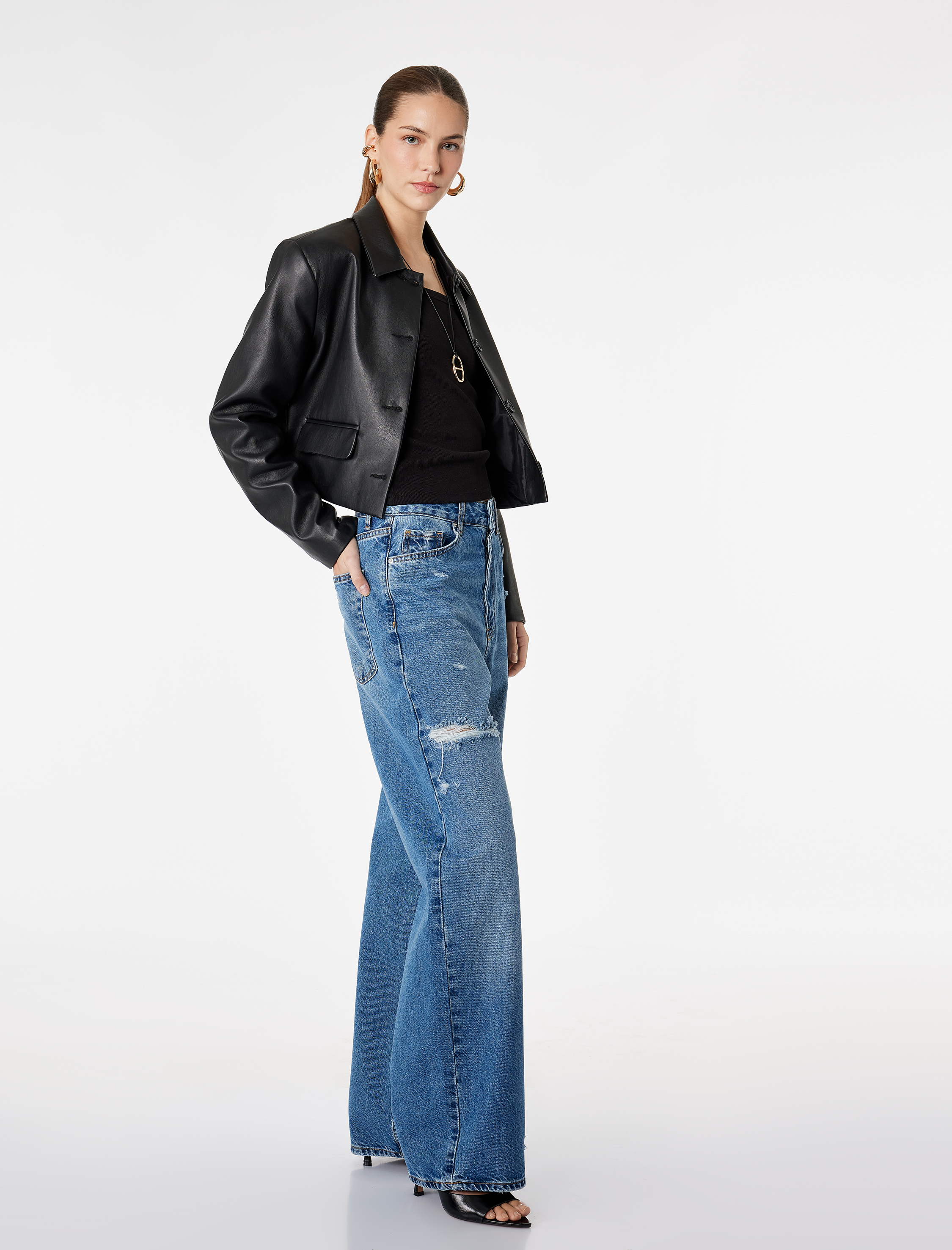   Normal Bel Yıpratma Detaylı Cepli Pamuklu Baggy Jean Pantolon