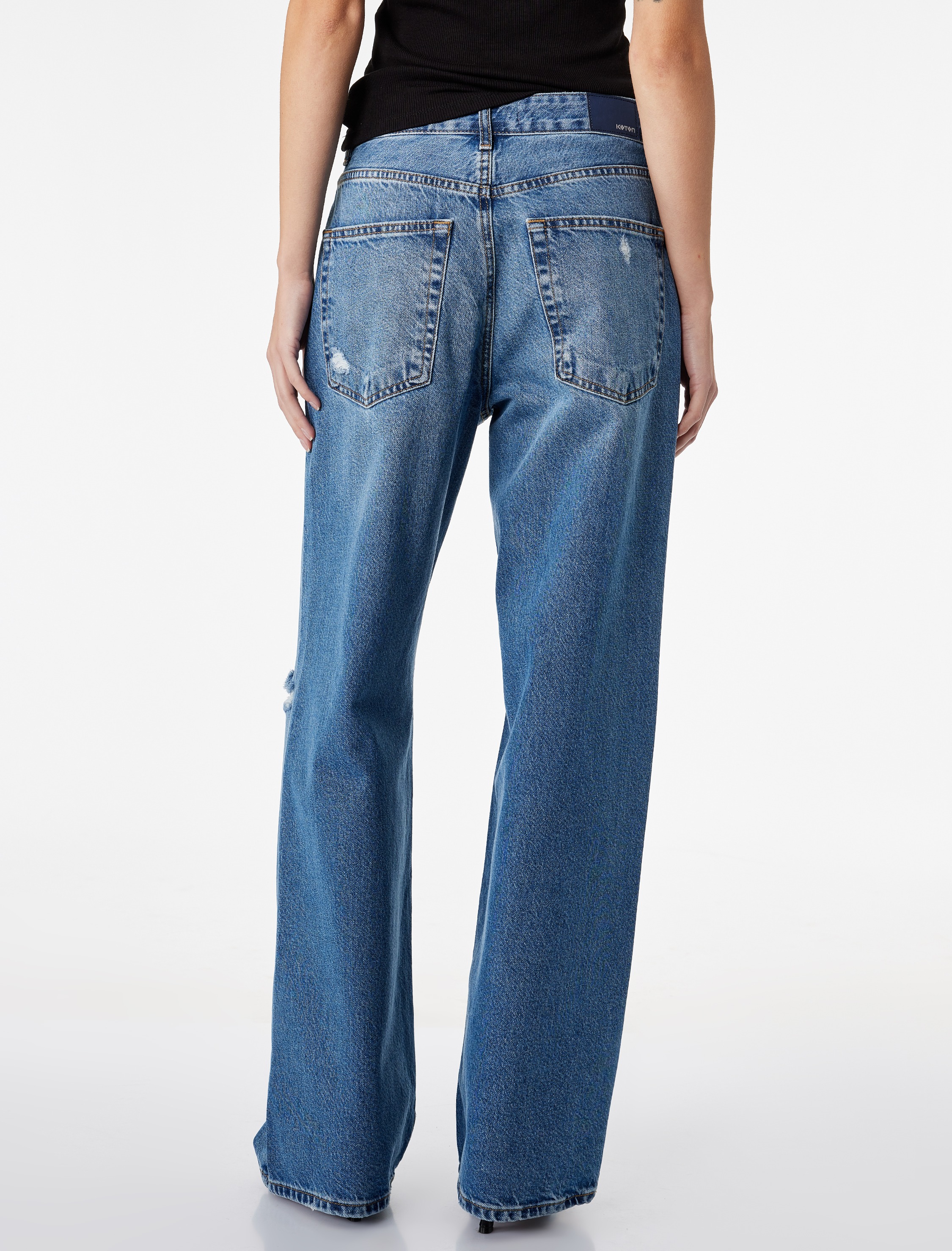   Normal Bel Yıpratma Detaylı Cepli Pamuklu Baggy Jean Pantolon