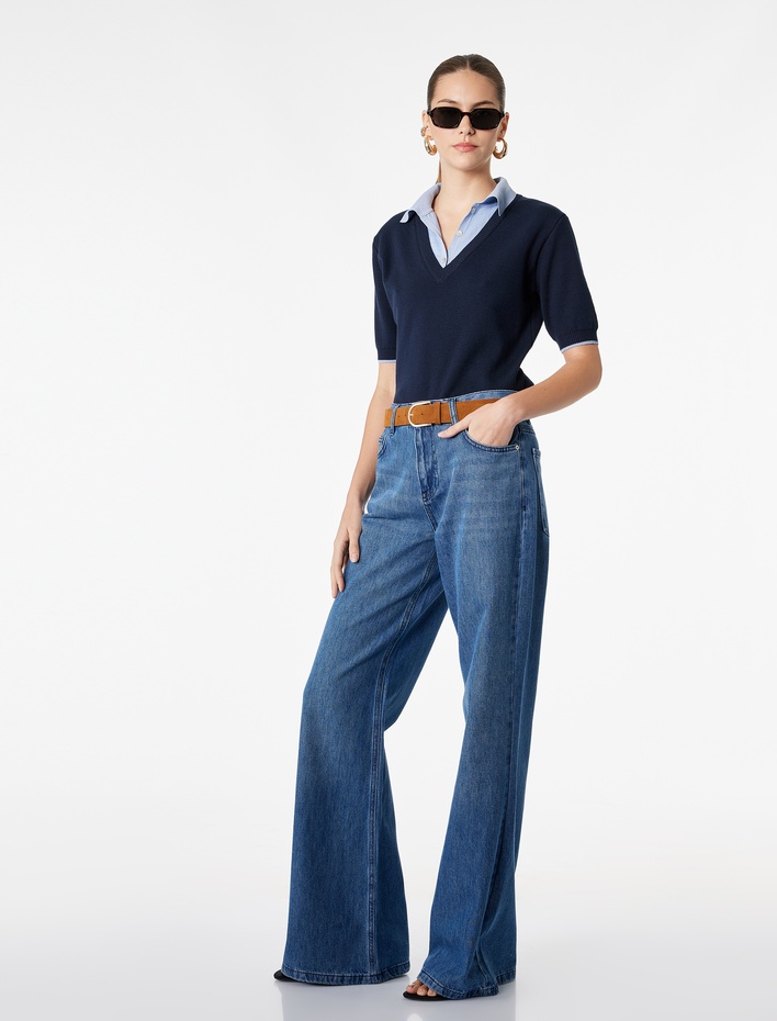  Normal Bel Pamuklu Cepli Kemerli İspanyol Paça Jean Pantolon - Flare Jeans